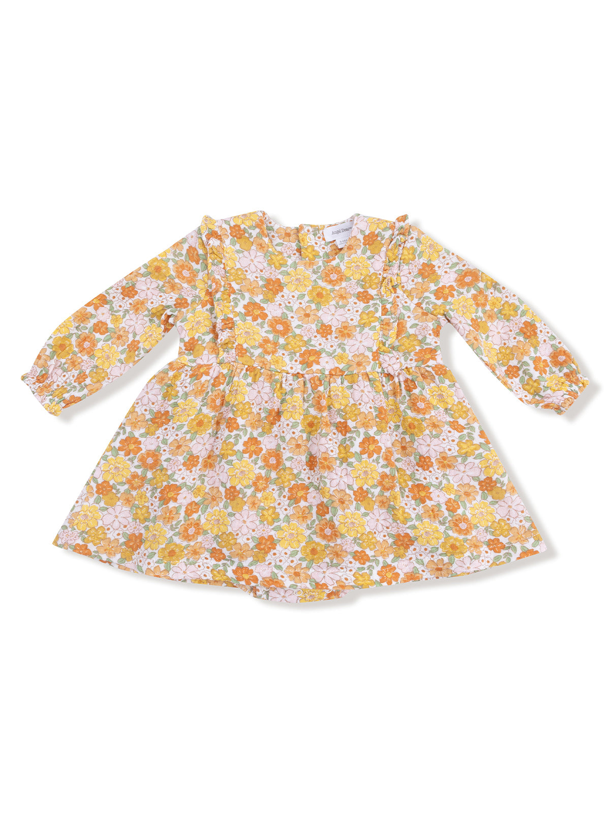 Floral patterned dress with long sleeves, featuring shades of orange, yellow, and pink on a light background.