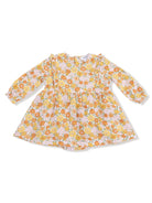Floral patterned dress with long sleeves, featuring shades of orange, yellow, and pink on a light background.