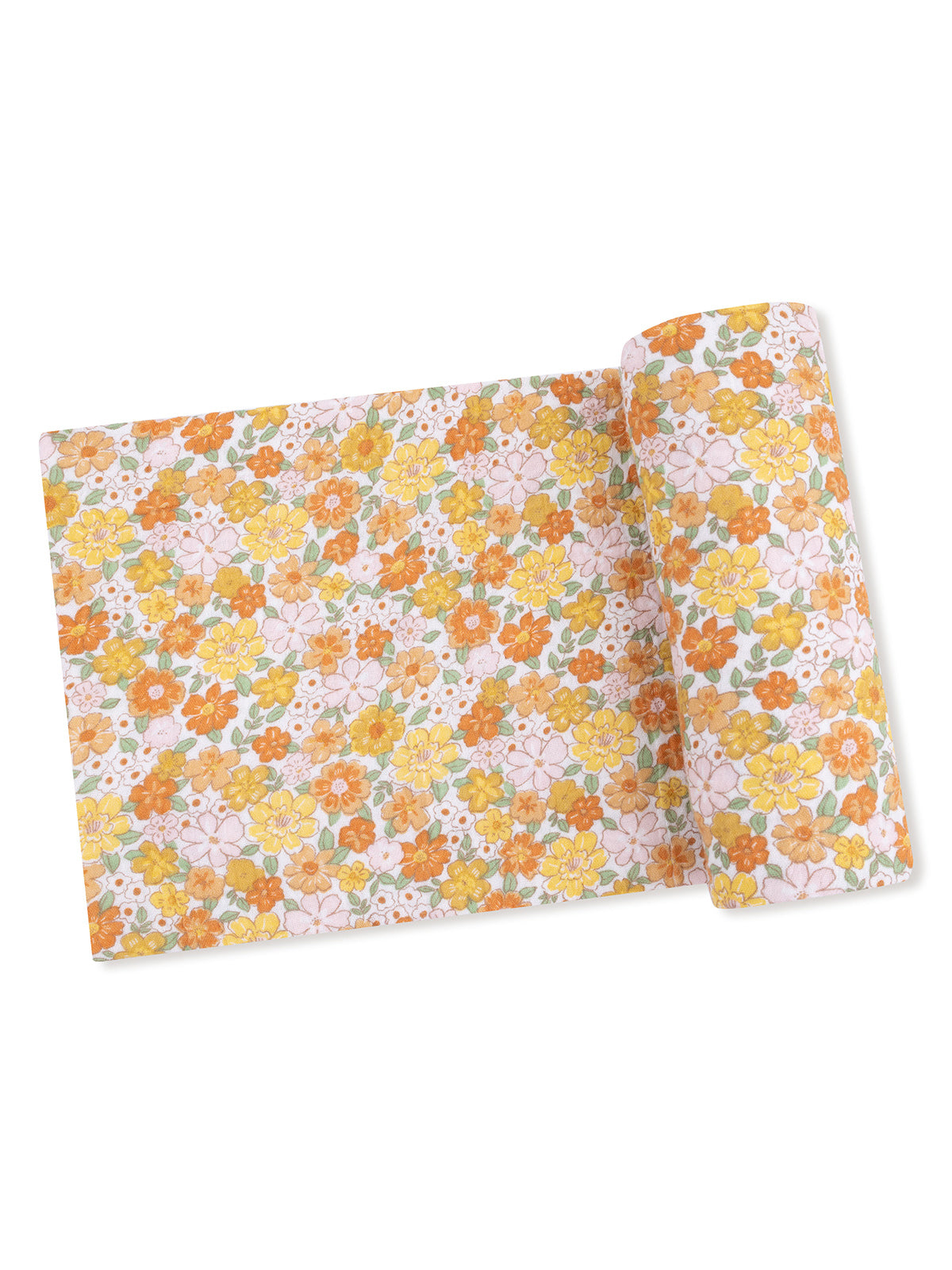 Colorful floral wrapping paper featuring pink, orange, and yellow flowers on a white background.