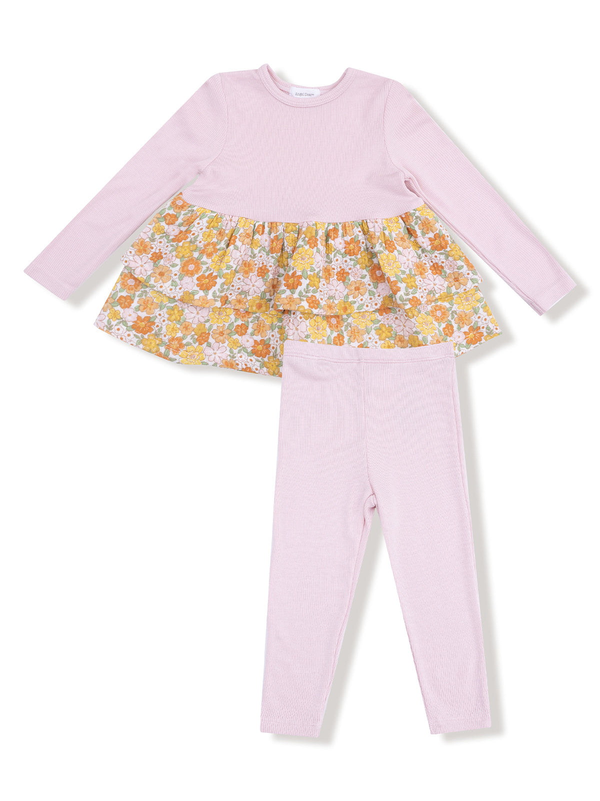 Pink long-sleeve top with floral peplum and matching pink leggings, perfect for casual wear.