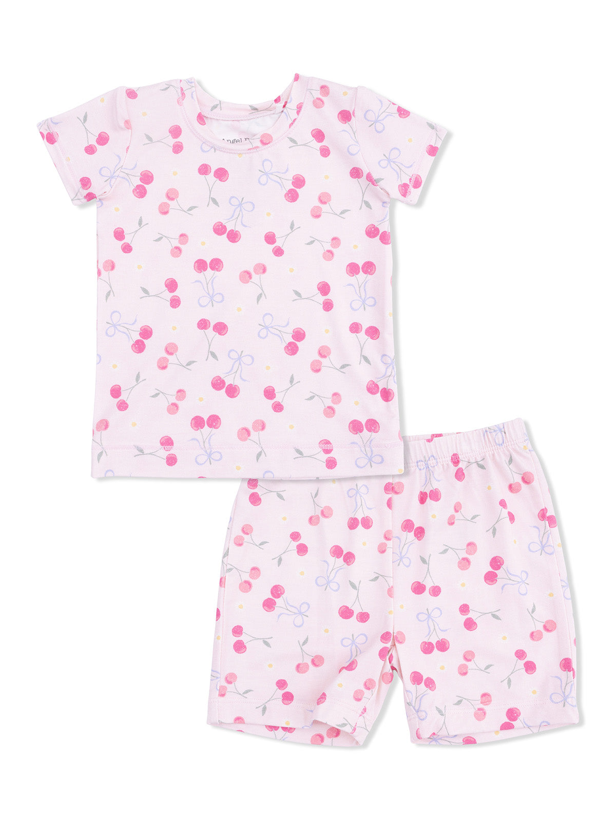 Light pink children's pajamas featuring a cherry and bow pattern in vibrant colors. Short-sleeved top with shorts.