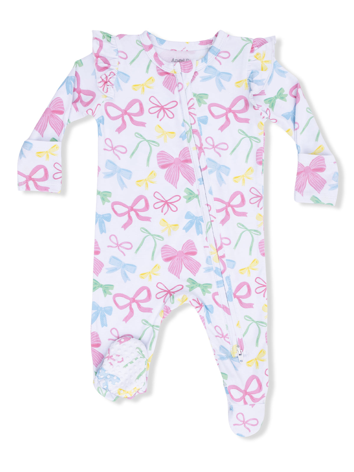 Baby onesie with colorful bow print, featuring ruffled shoulders and a front zipper.