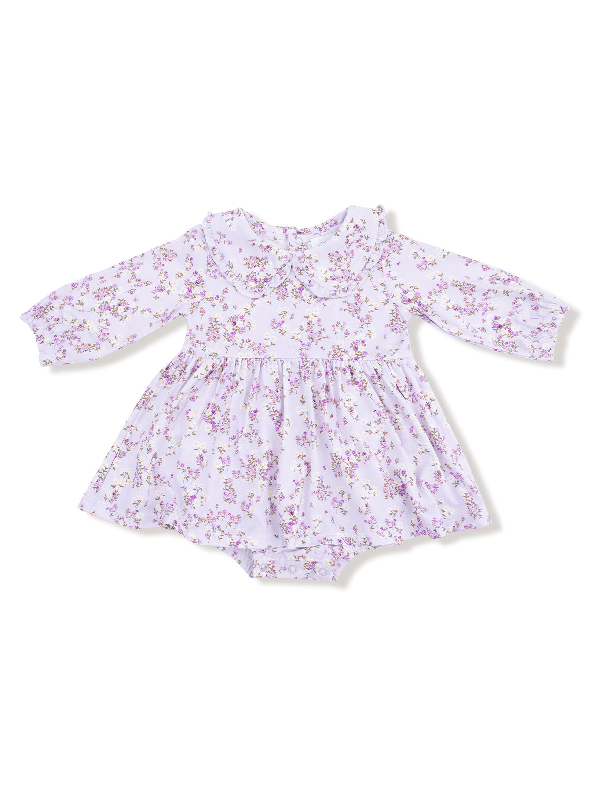 Lavender baby dress with floral print and long sleeves, featuring a round collar and ruffled skirt.
