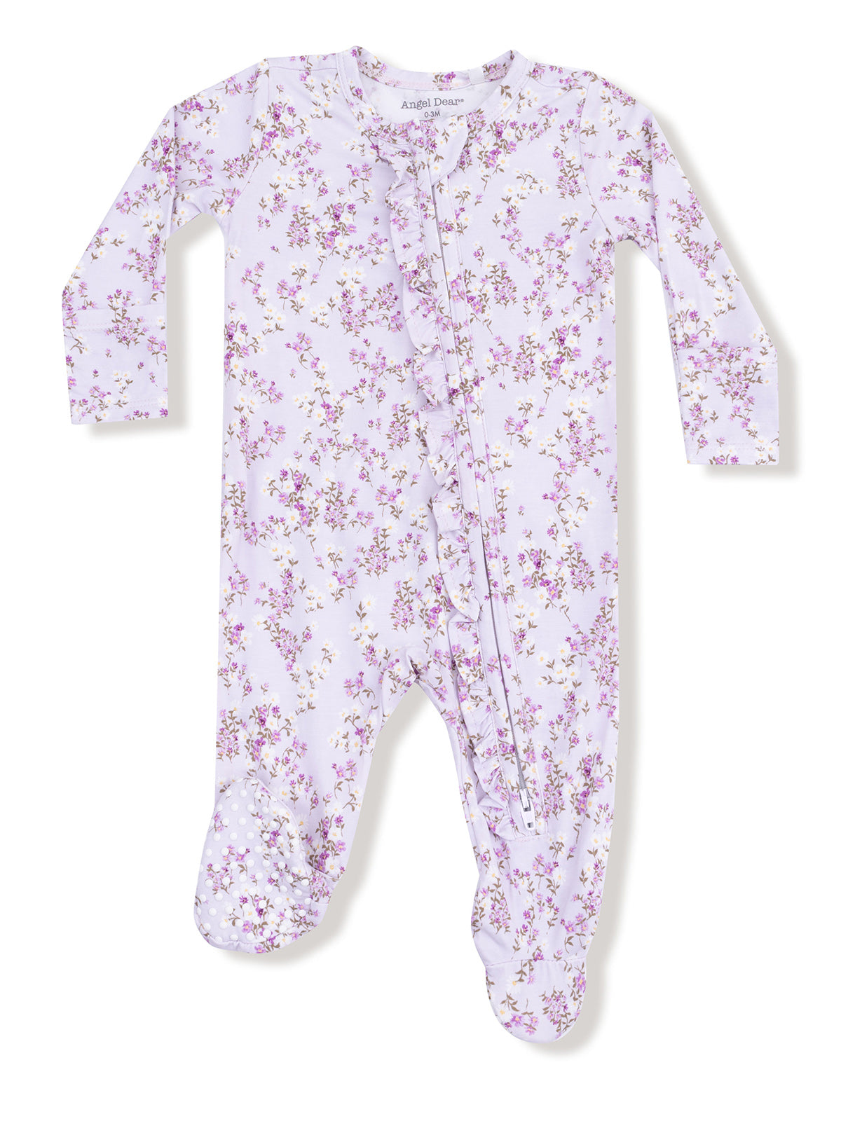 Purple floral infant romper with long sleeves and a front zipper closure. Ideal for comfortable sleepwear.