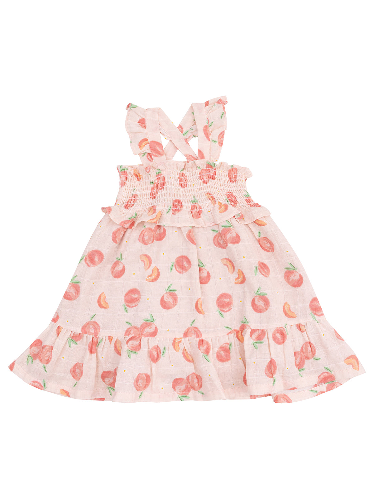Light pink dress with peach prints, ruffled straps, and a tiered hem design. Ideal for warm weather wear.