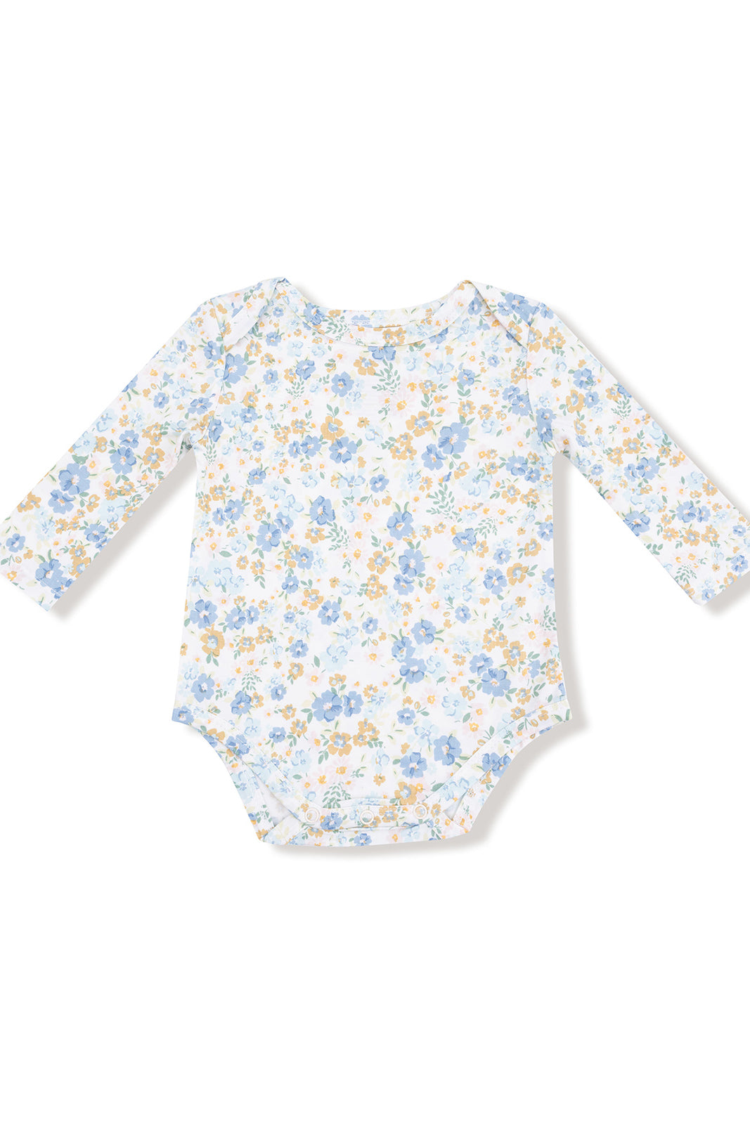 Long-sleeve baby bodysuit with a floral pattern in blue, yellow, and white, designed for infants.