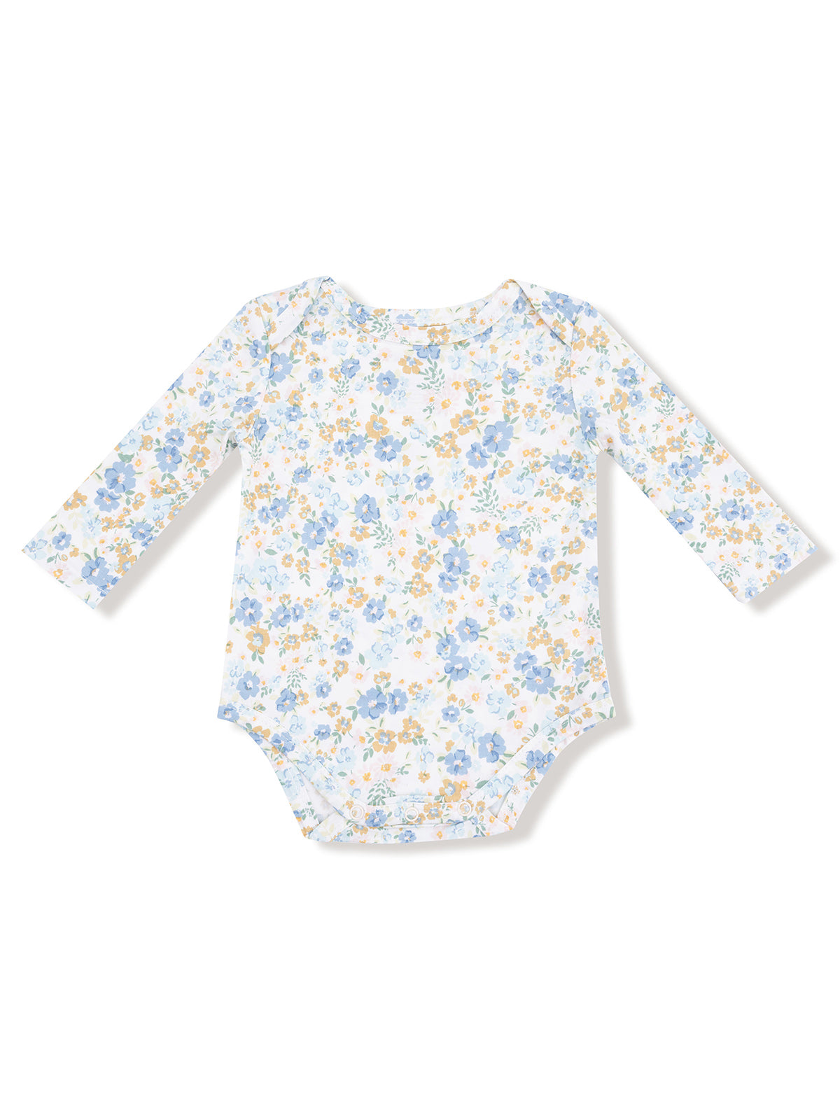 Long-sleeve baby bodysuit with a floral pattern in blue, yellow, and white, designed for infants.