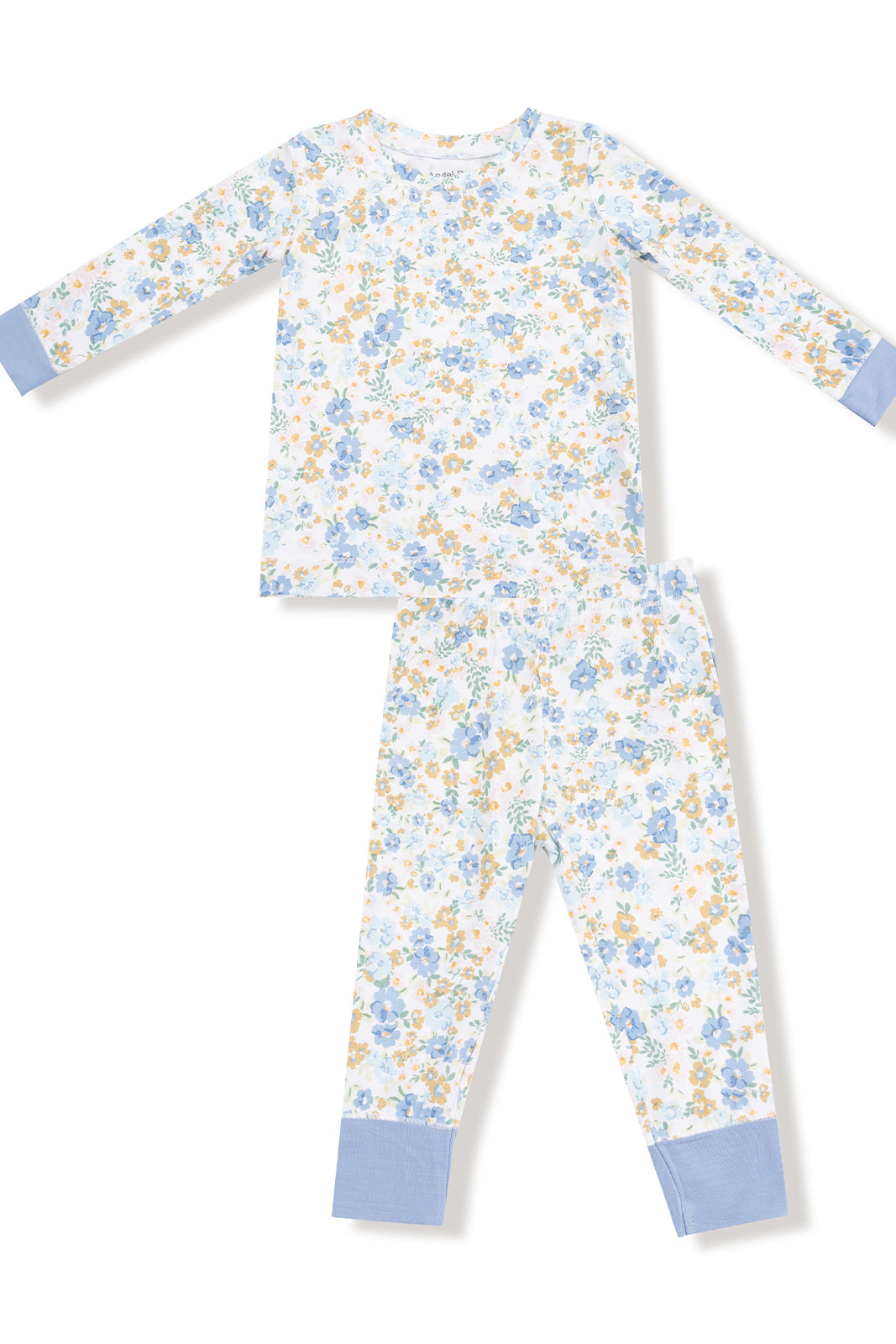 Floral children's pajama set featuring long sleeves and pants with blue trim and a white background.
