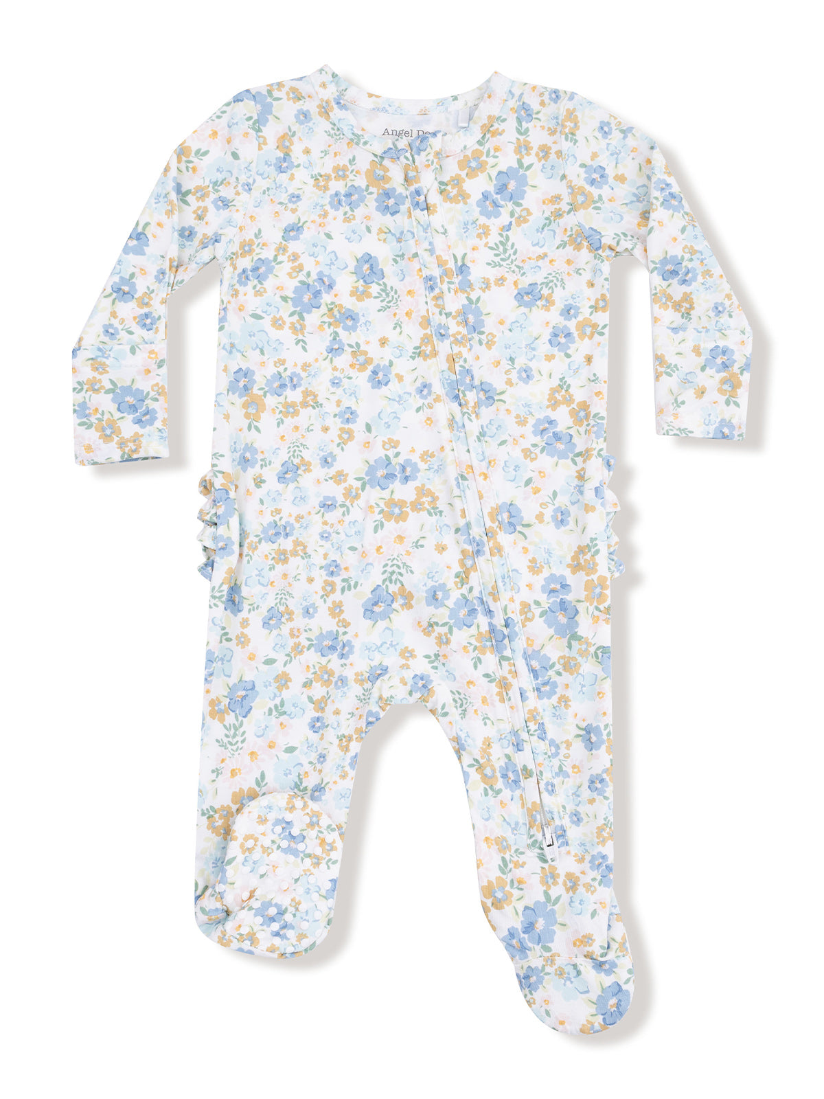 Floral baby romper with long sleeves and a front zipper, featuring blue and yellow flower patterns on a white background.