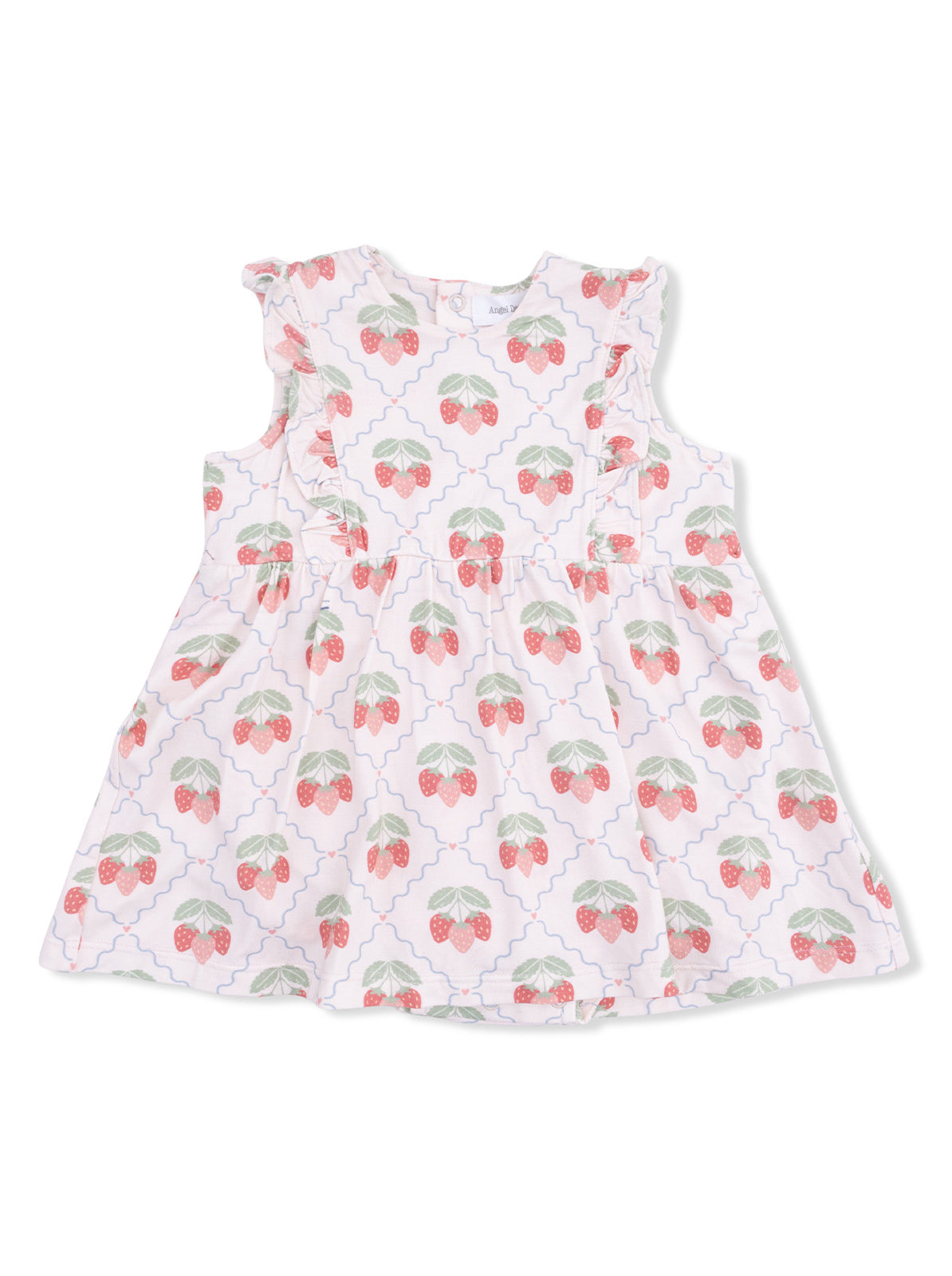 White dress with strawberry pattern and frilled sleeves, ideal for summer wear.