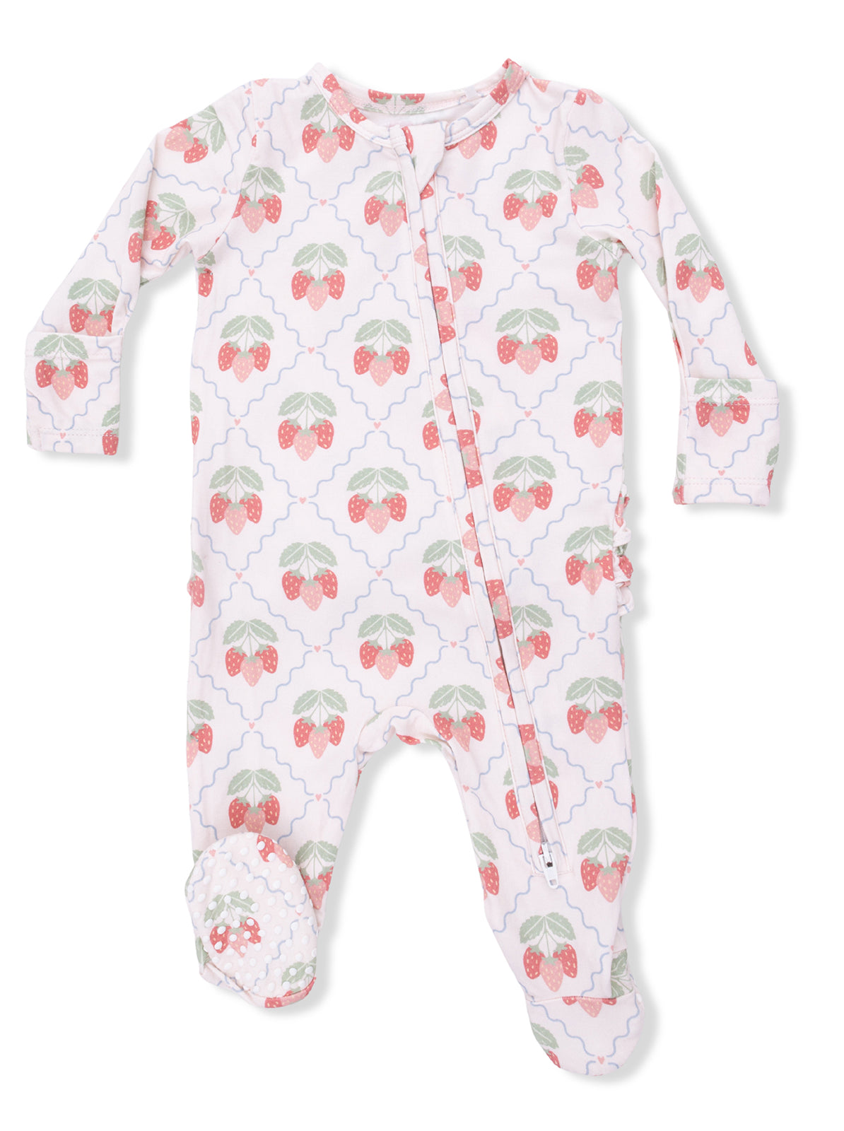 Baby onesie with strawberry pattern and matching footed design in soft, breathable fabric. Ideal for comfort and style.