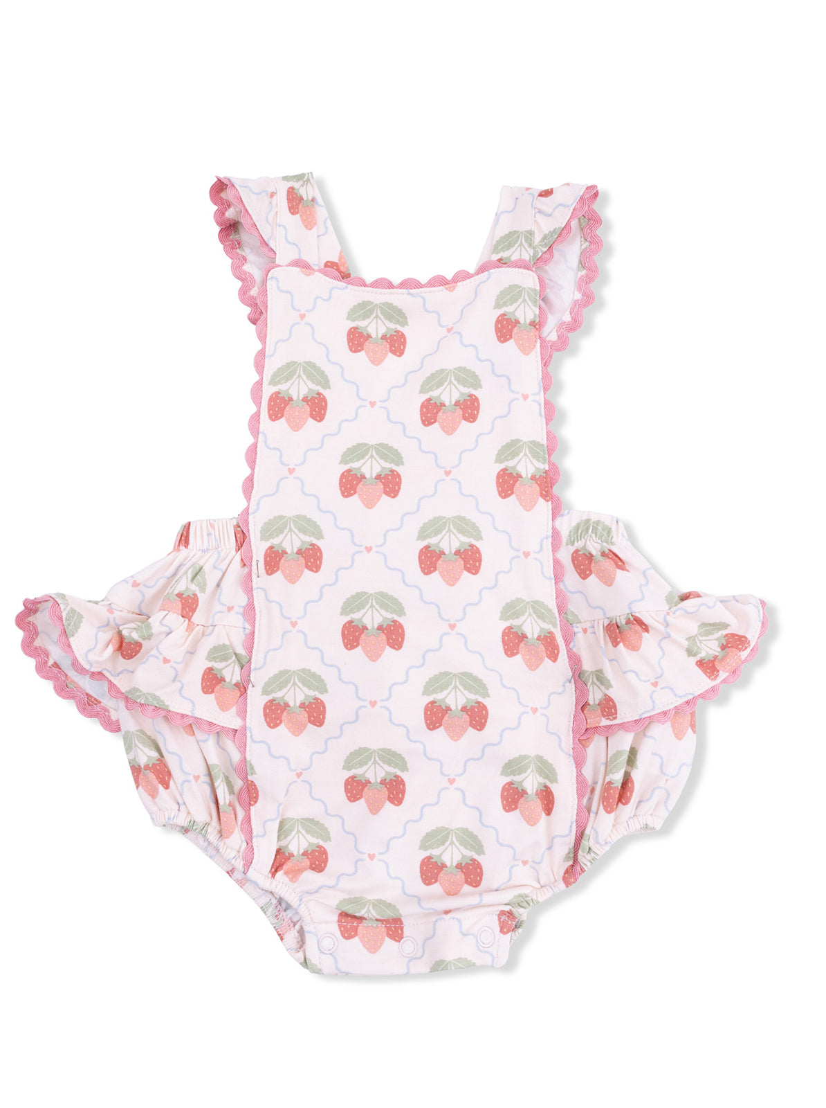 Toddler swimsuit with a strawberry pattern and frilled edges in pastel colors.