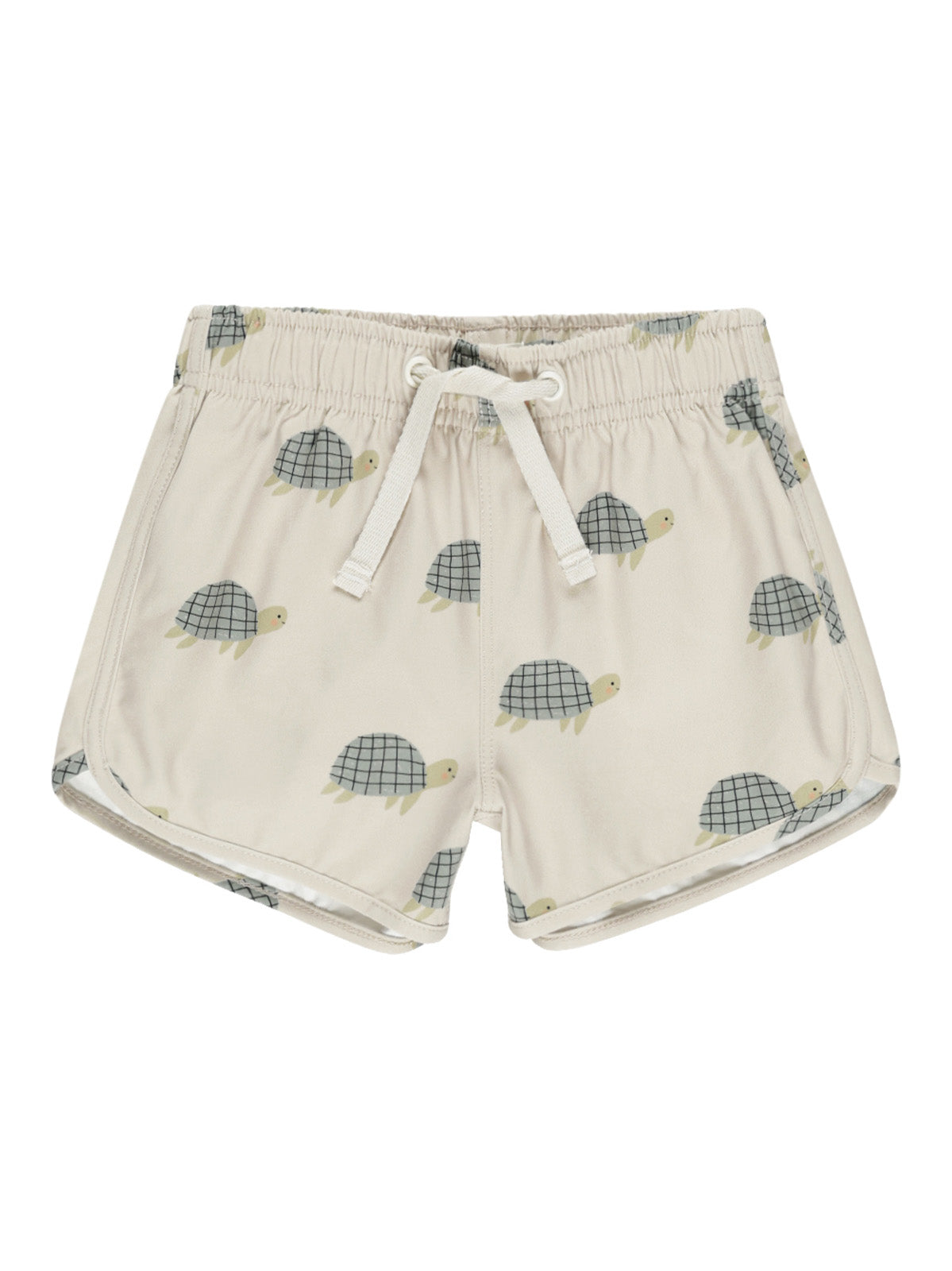 Beige shorts featuring a playful turtle print, adjustable drawstring waist, perfect for casual wear.