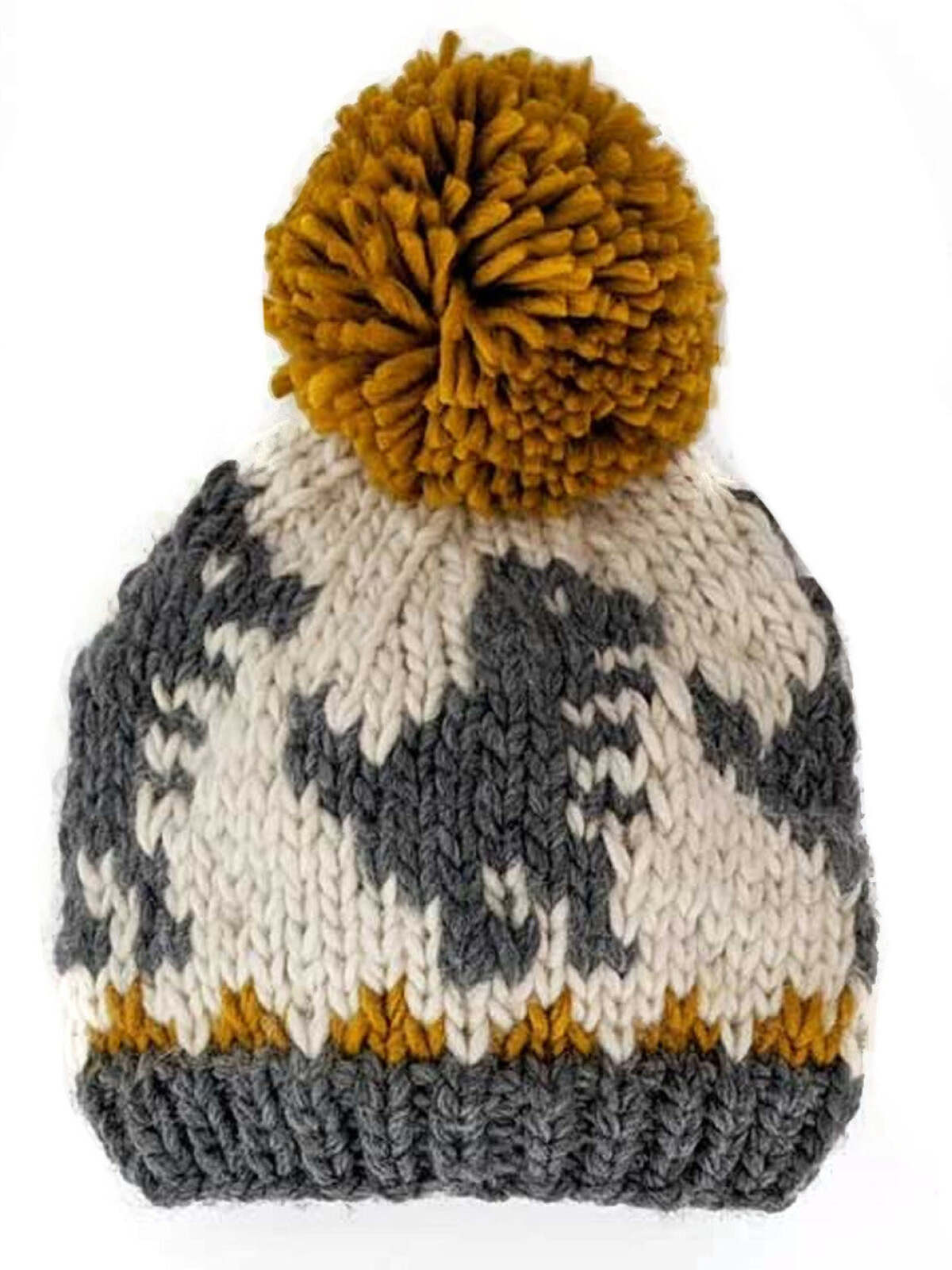 Knit beanie hat with a pom pom, featuring gray, white, and mustard patterns. Ideal for winter wear.