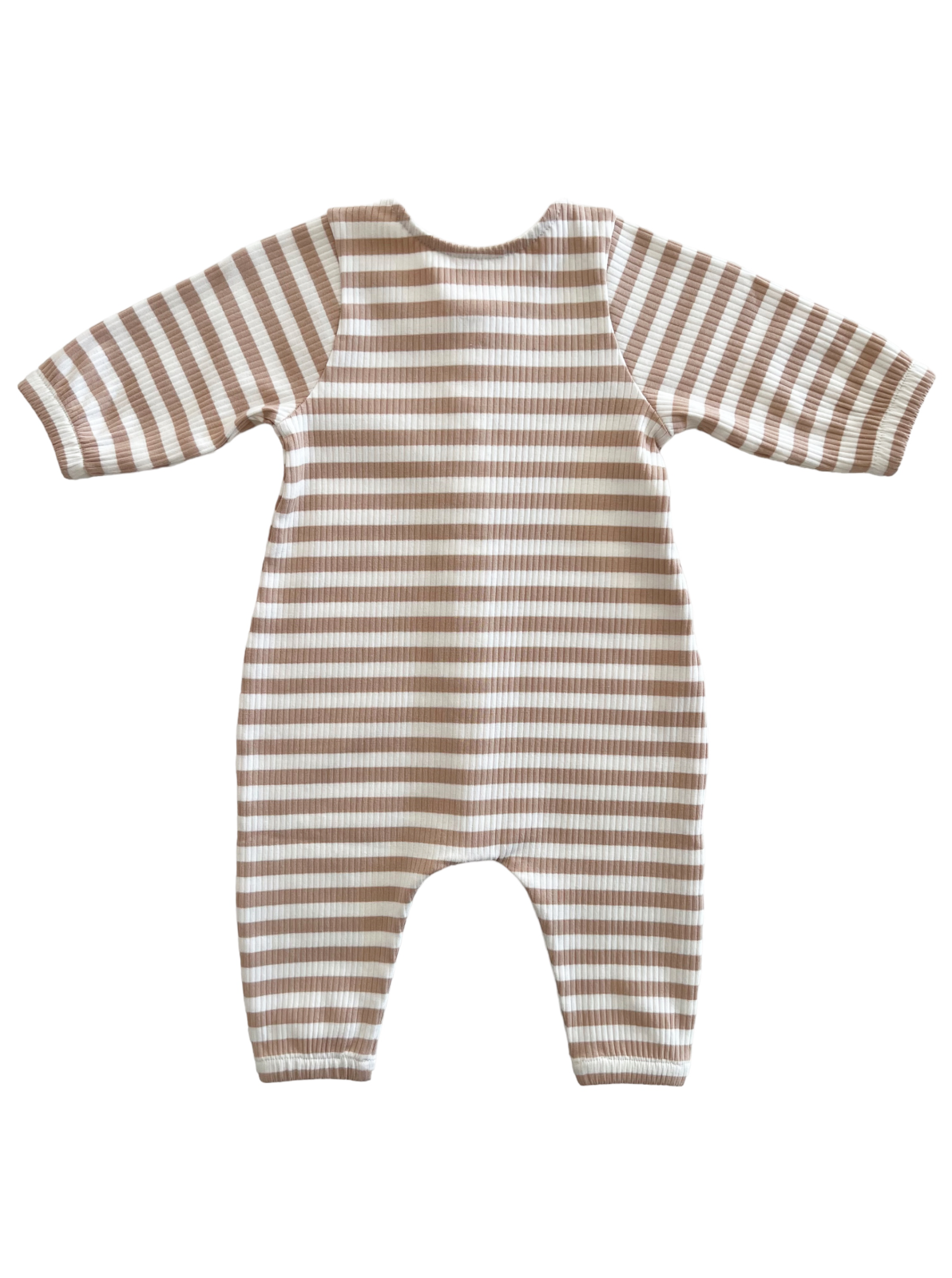 Tan and white striped long-sleeve baby romper, view from the back, featuring ribbed fabric.