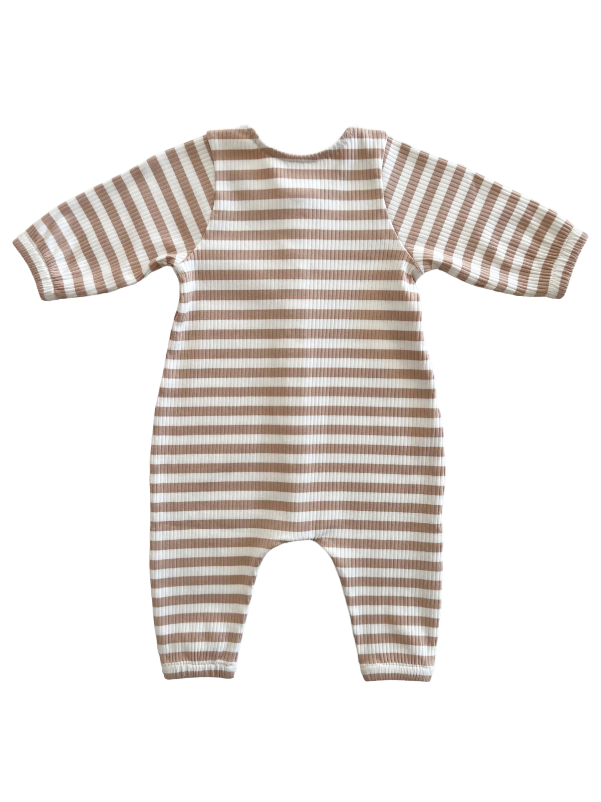 Tan and white striped long-sleeve baby romper, view from the back, featuring ribbed fabric.