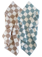 Two checkered towels in brown and white, and blue and white, arranged overlapping each other.