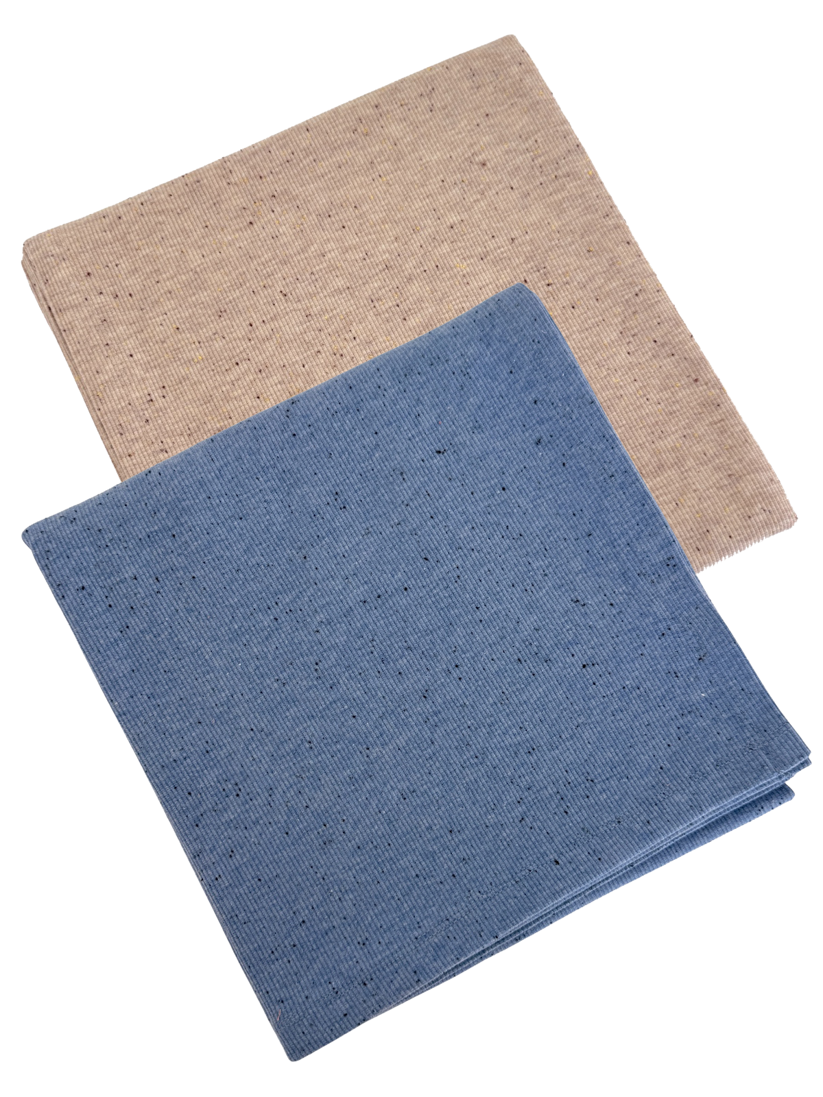 Two textured fabric squares, one beige and one blue, stacked on top of each other.