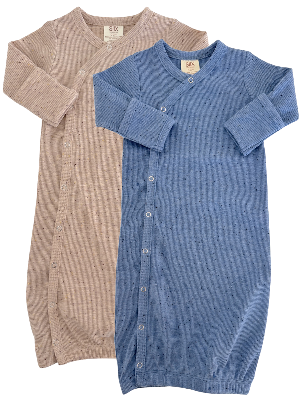 Two infant gown sleepers in beige and blue, featuring buttons and soft ribbed fabric, laid flat for display.