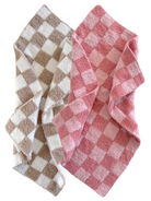 Two textured blankets in a checkered pattern: one in brown and white, the other in shades of pink.