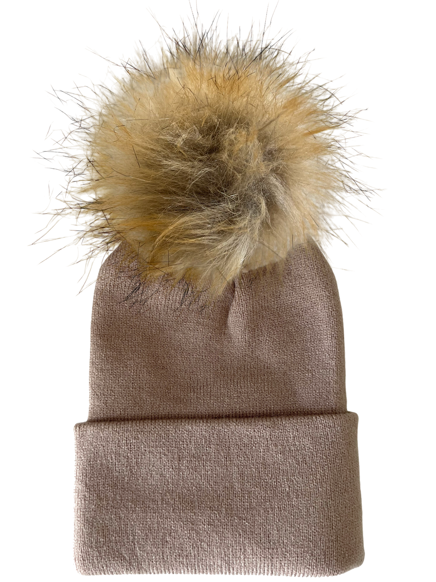 Beige knit hat with a fluffy light brown pom-pom on top. Ideal for winter wear and stylish comfort.