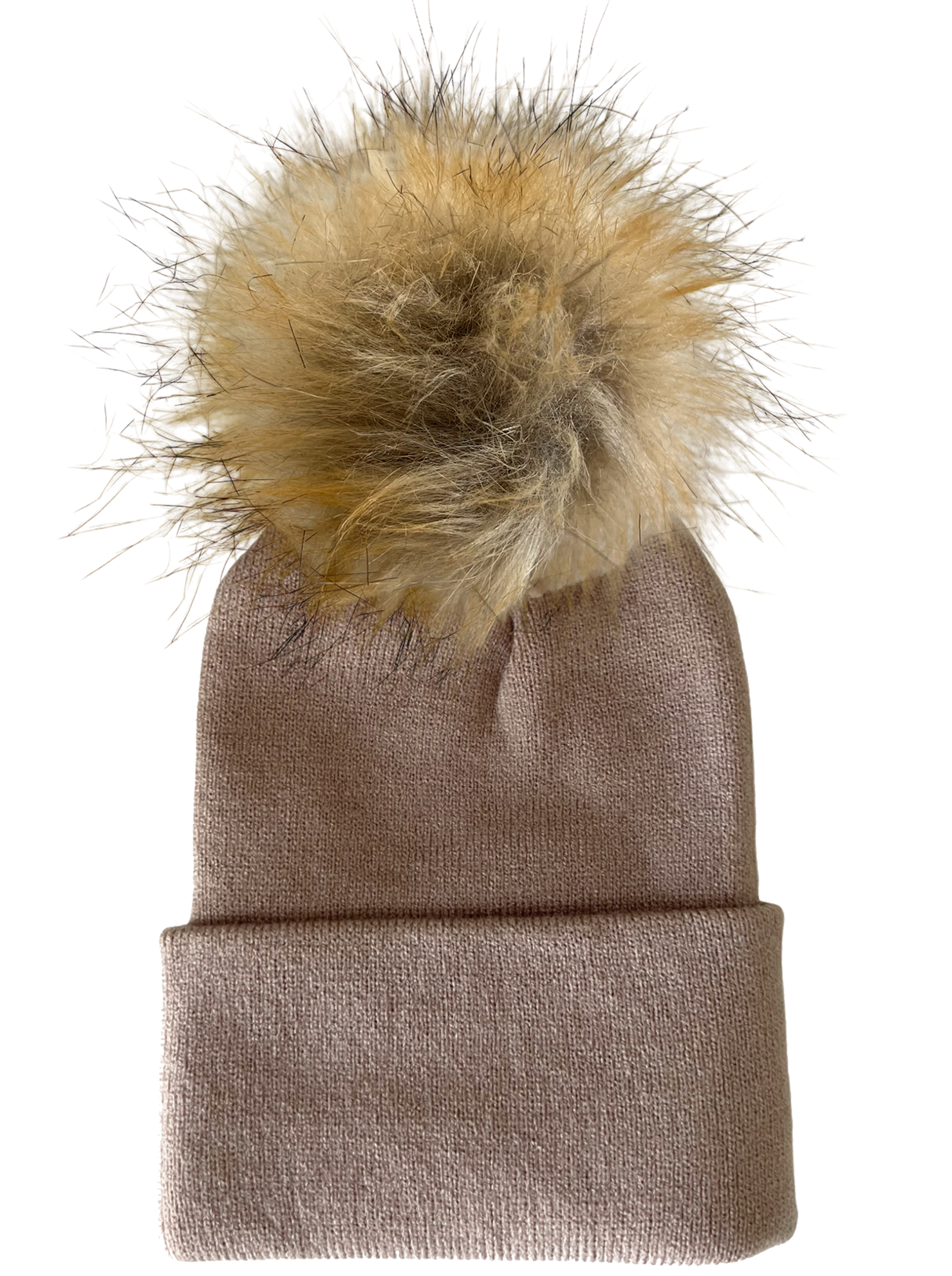 Beige knit hat with a fluffy light brown pom-pom on top. Ideal for winter wear and stylish comfort.