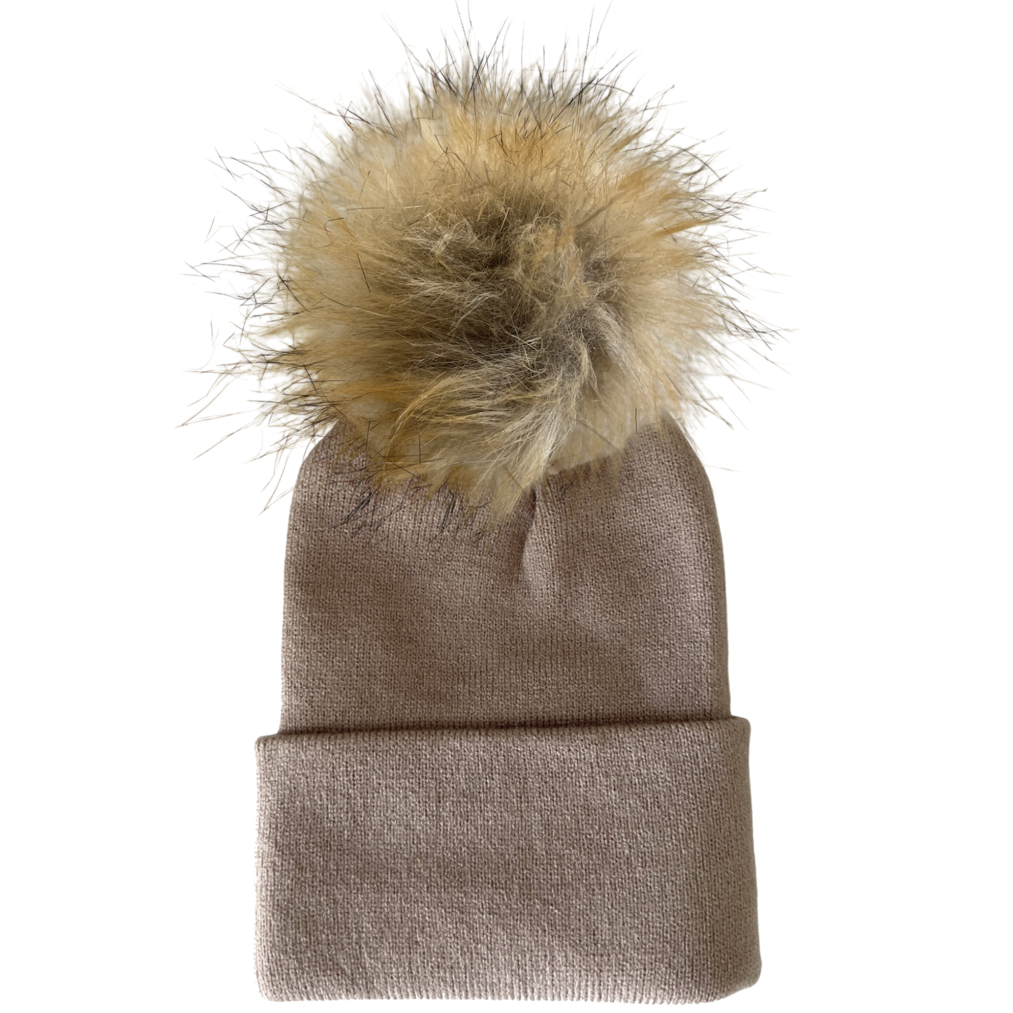 Beige knit hat with a fluffy light brown pom-pom on top. Ideal for winter wear and stylish comfort.
