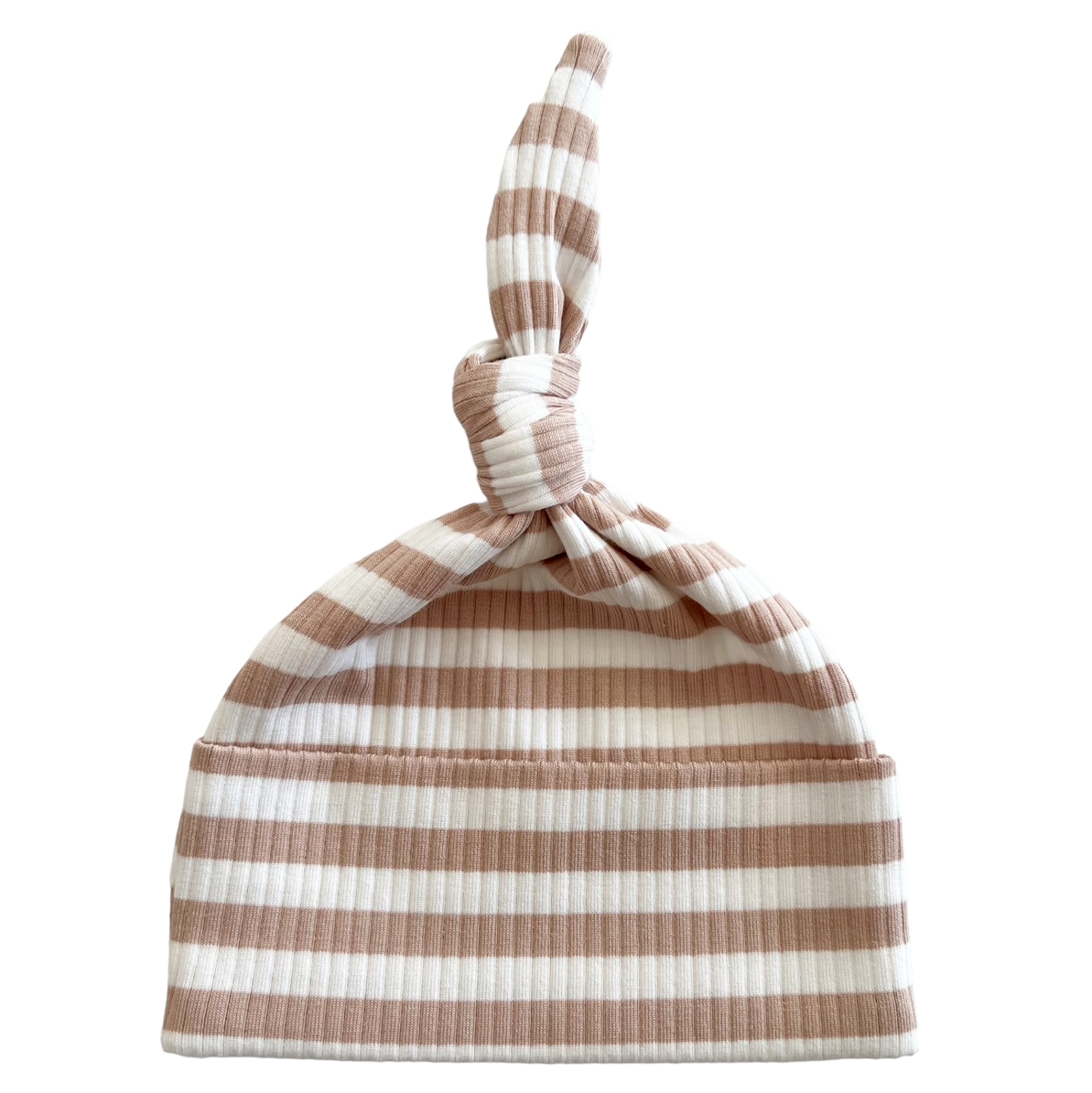 Striped newborn hat in soft beige and white, featuring a cute knot on top. Ideal for infants and stylish baby outfits.