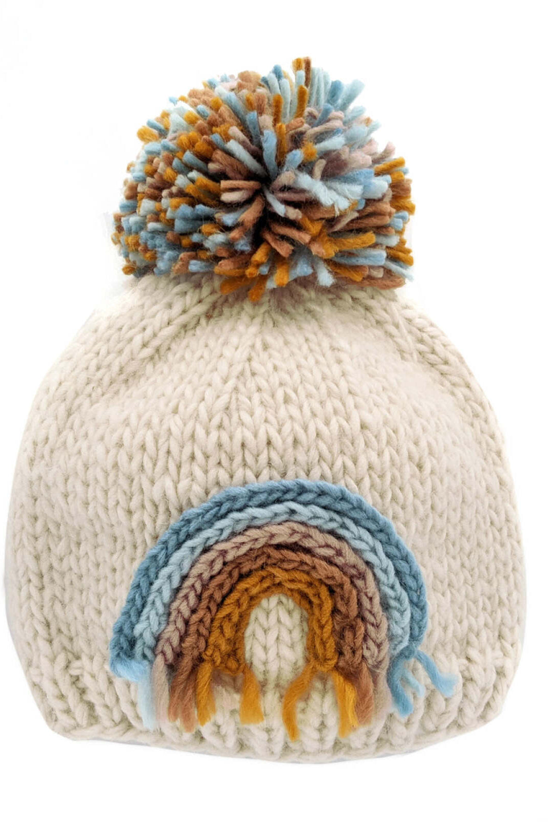 Cream knit beanie with a colorful pom-pom and a rainbow design stitched on the front.