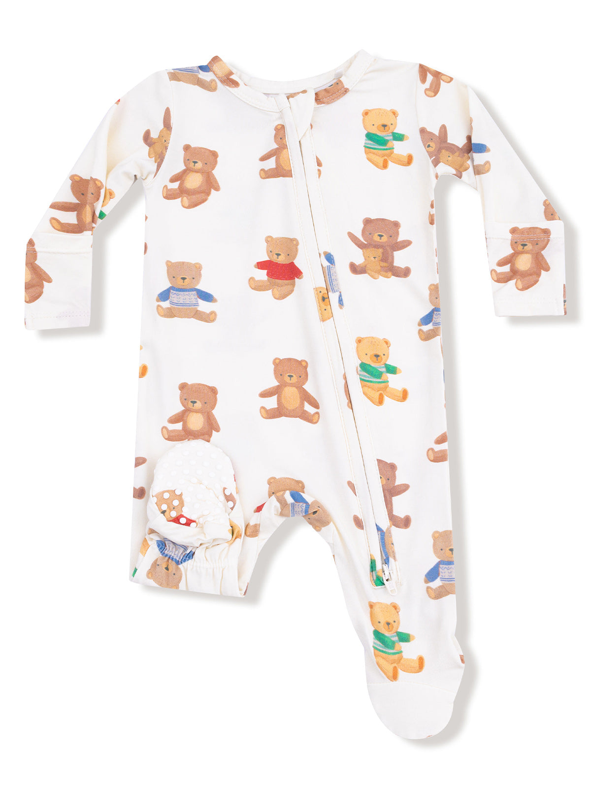 White baby onesie with colorful teddy bear prints and zipper closure. Perfect for comfort and style.