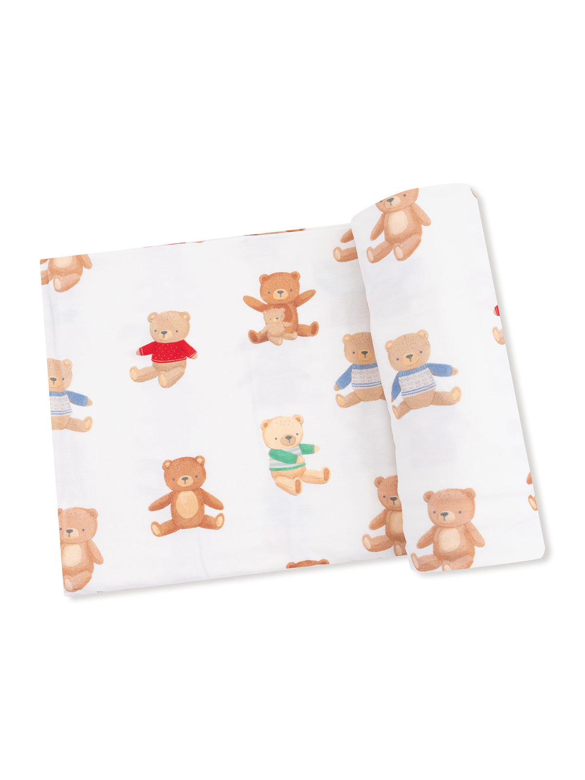 Cotton fabric with playful teddy bear print in various colors, folded neatly. Ideal for children's textiles.