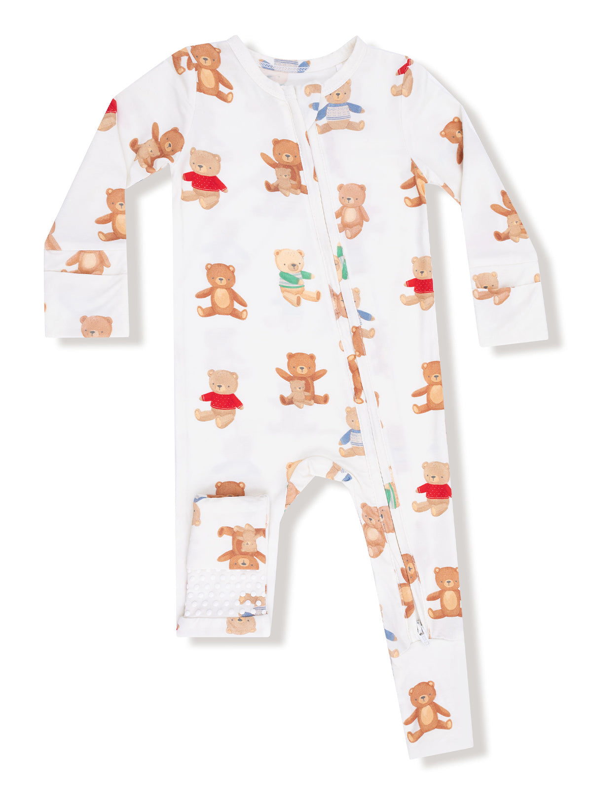 Children's one-piece pajama featuring cute bear illustrations on a white background.