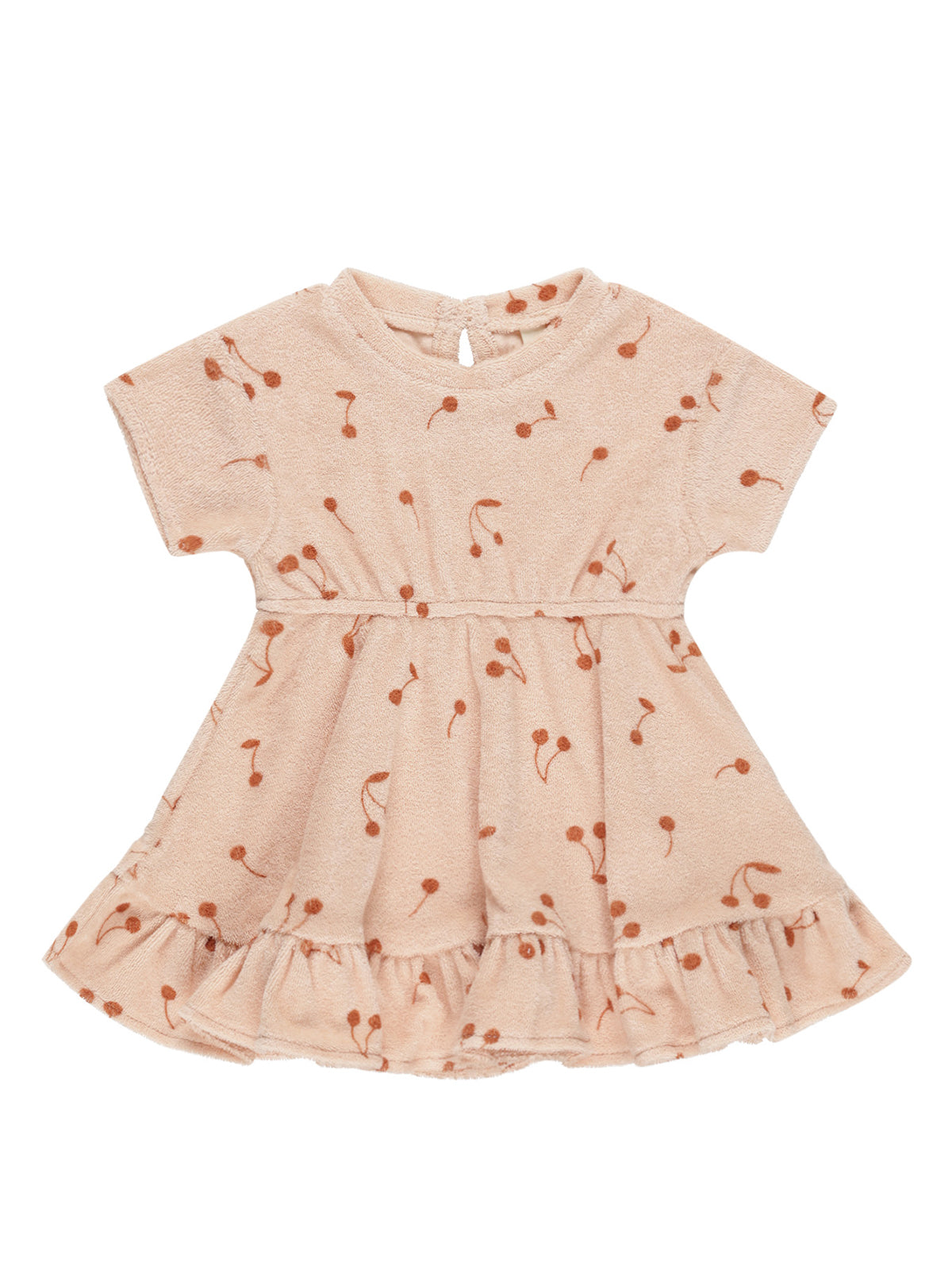 Peach short-sleeve dress with brown cherry prints and a ruffled hem, ideal for casual wear.