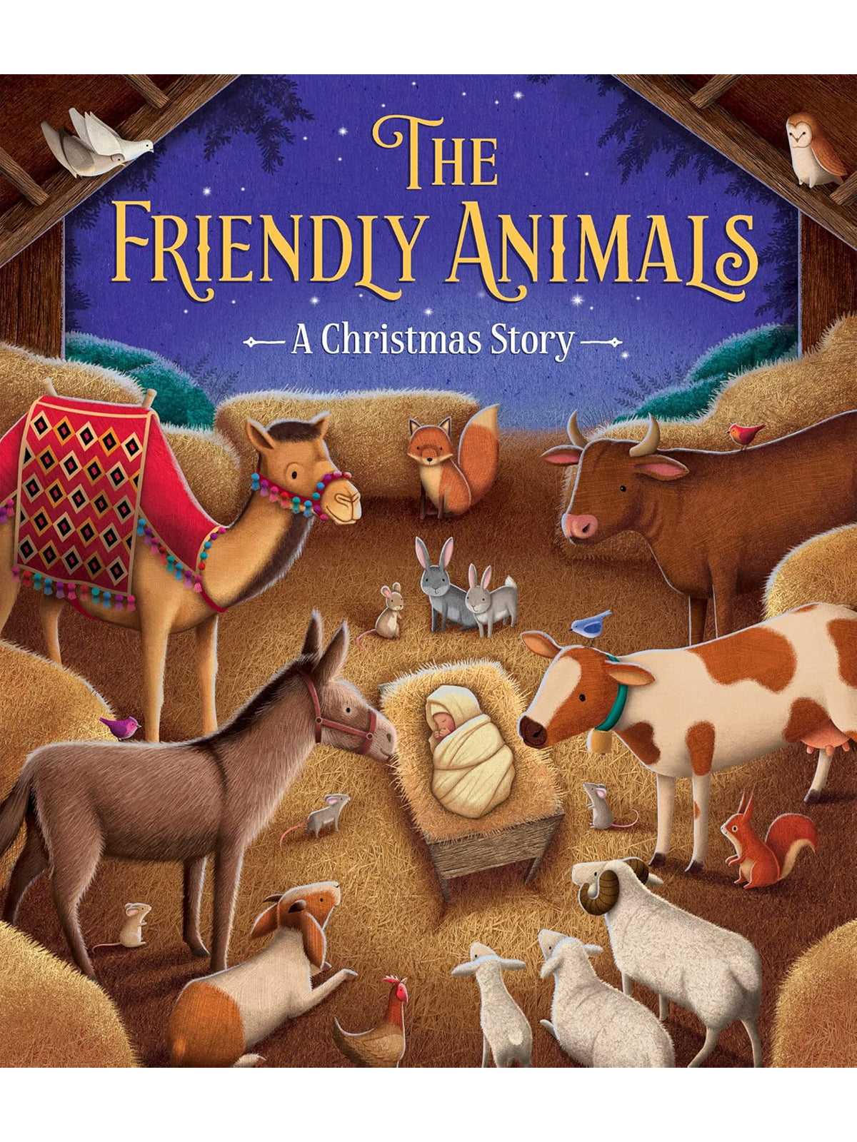 Colorful illustration of various friendly animals around a nativity scene with a baby wrapped in swaddling clothes.