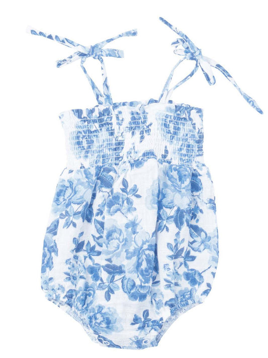 Tie Strap Smocked Bubble, Roses in Blue