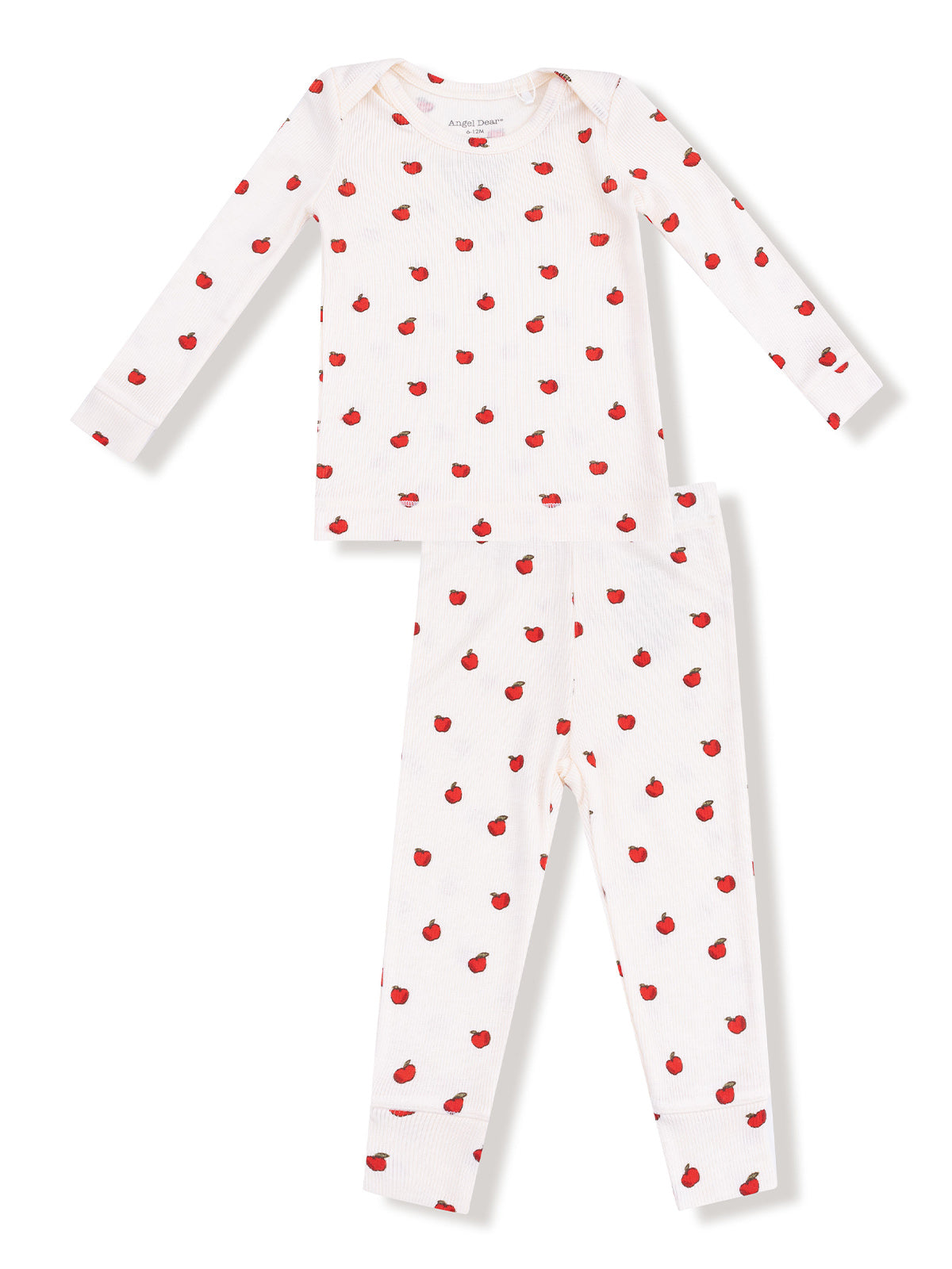 White pajama set with red apple prints, featuring a long-sleeve top and matching pants.