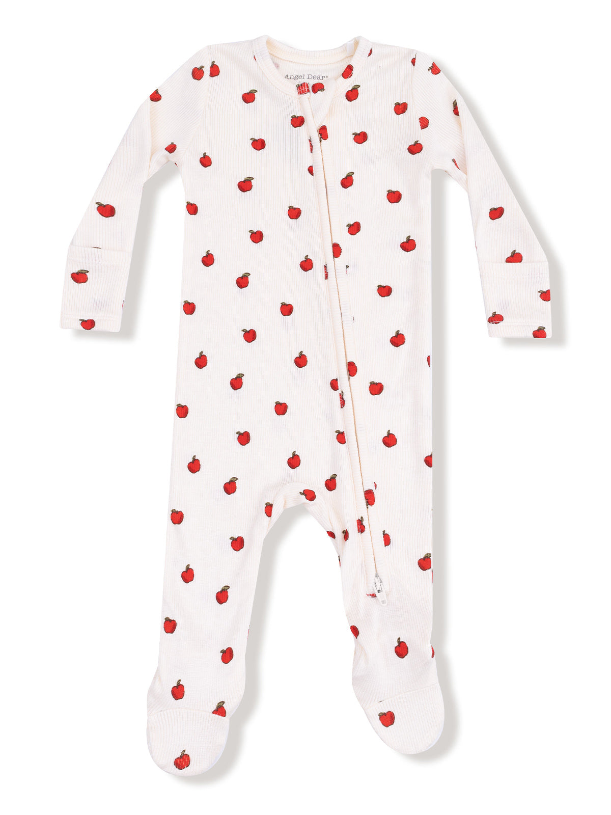 White zipper onesie for infants with small red apple patterns throughout. Soft fabric and footed design.