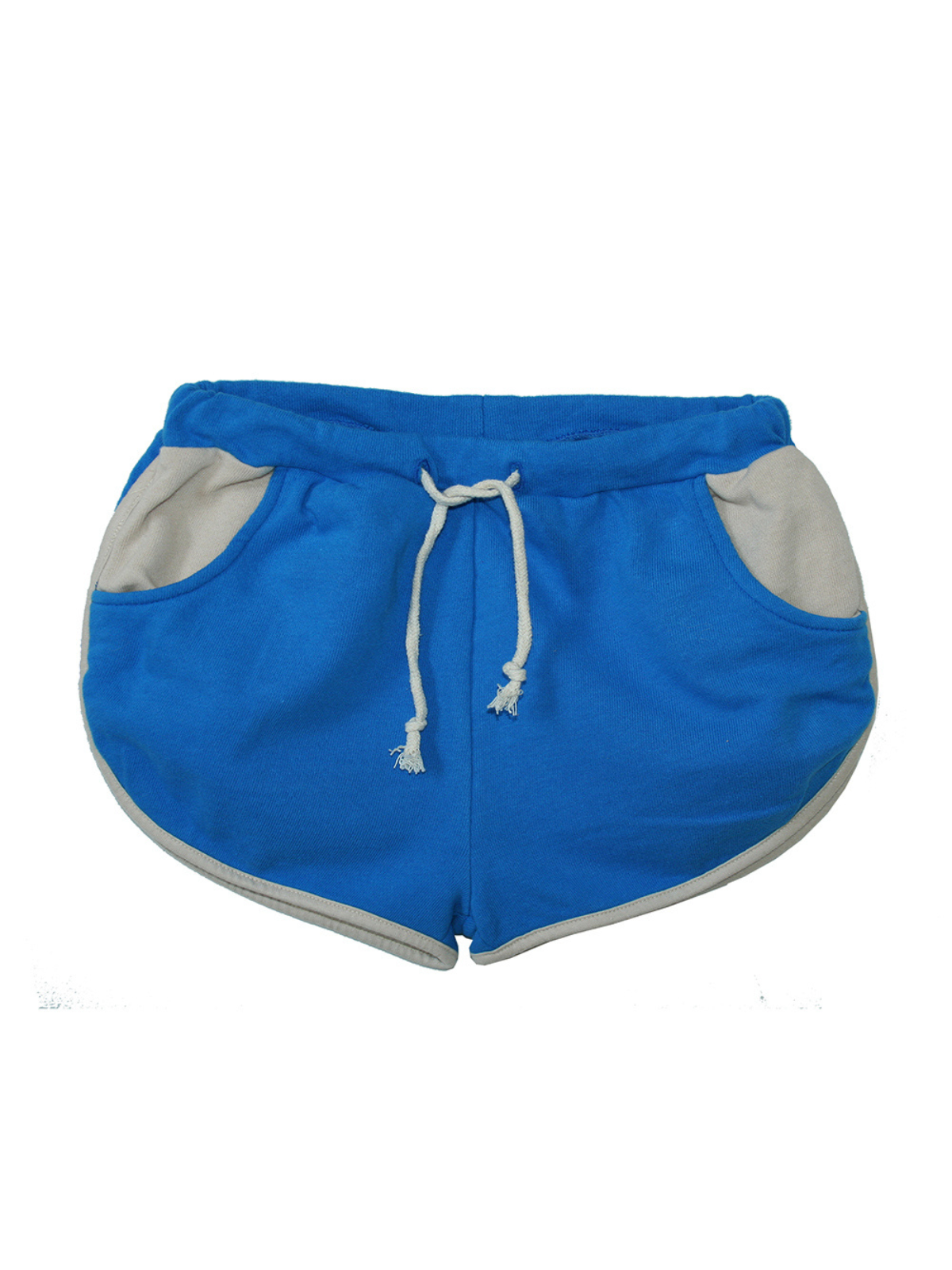 Blue shorts with light gray pockets and drawstring, designed for comfort and casual wear.