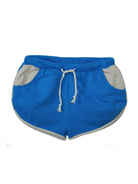 Blue shorts with light gray pockets and drawstring, designed for comfort and casual wear.
