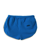 Blue shorts with a back pocket and gray trim, featuring a logo on the pocket. Back view displayed.