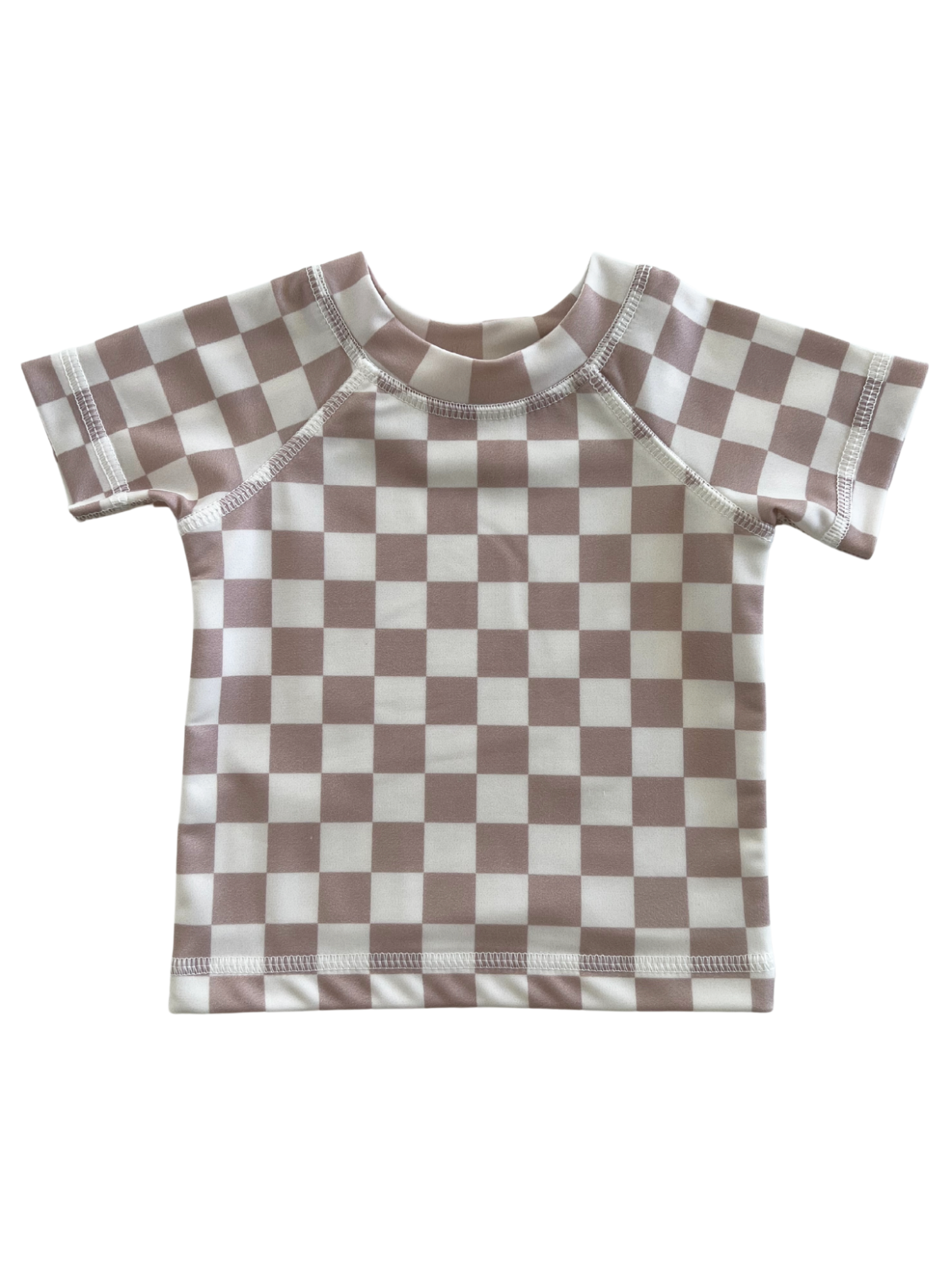 Light pink and white checkered short-sleeve shirt for children, featuring a rounded neckline and soft fabric.