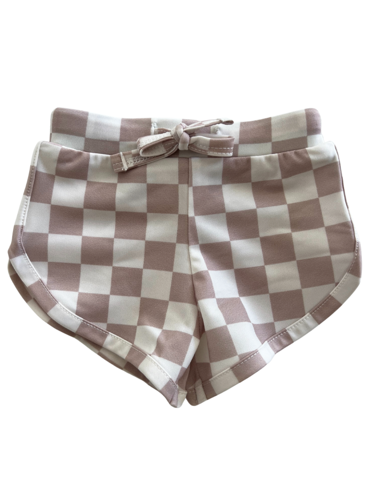 Pink and white checkered shorts with a front bow detail.