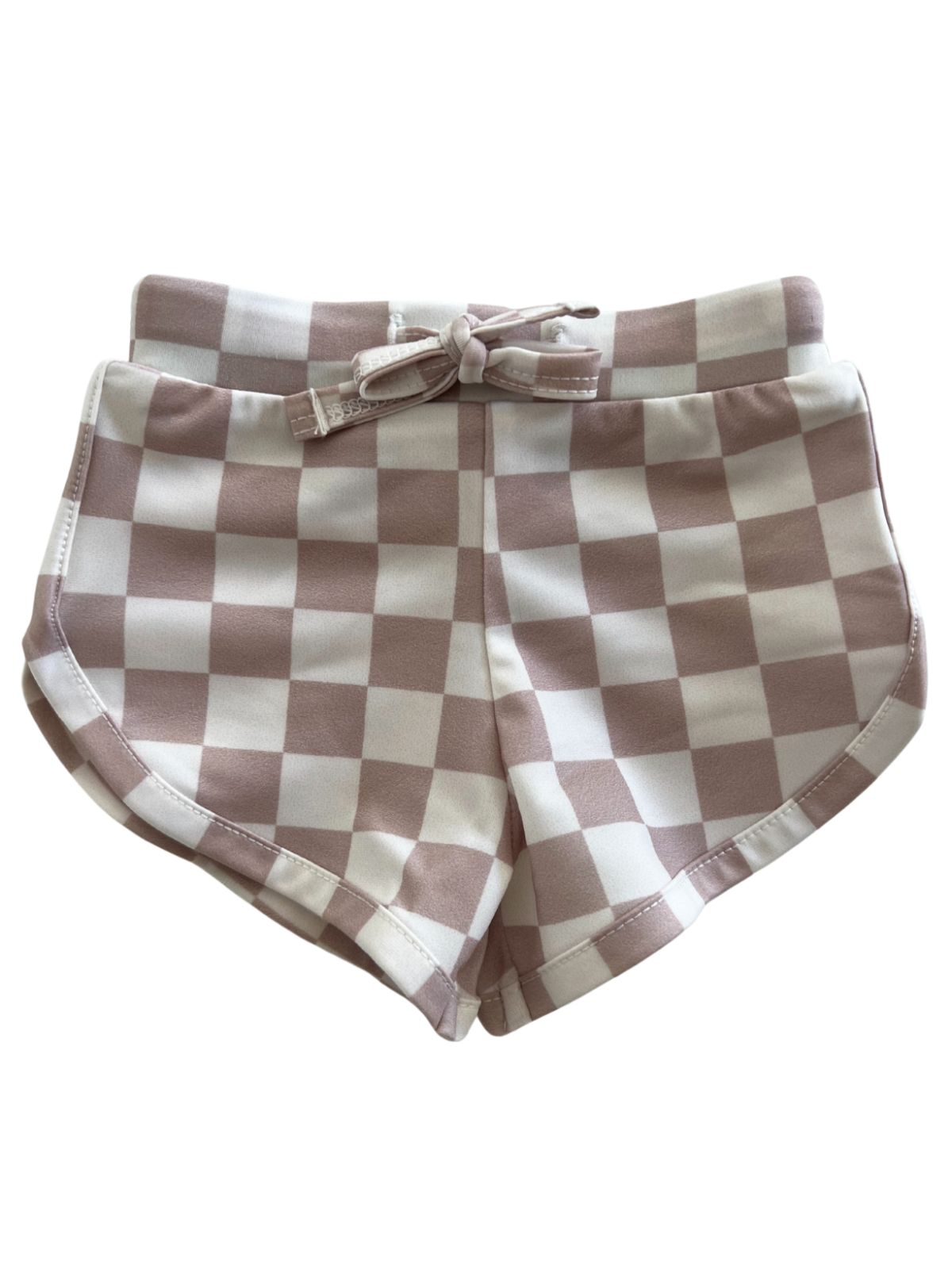 Pink and white checkered shorts with a front bow detail.