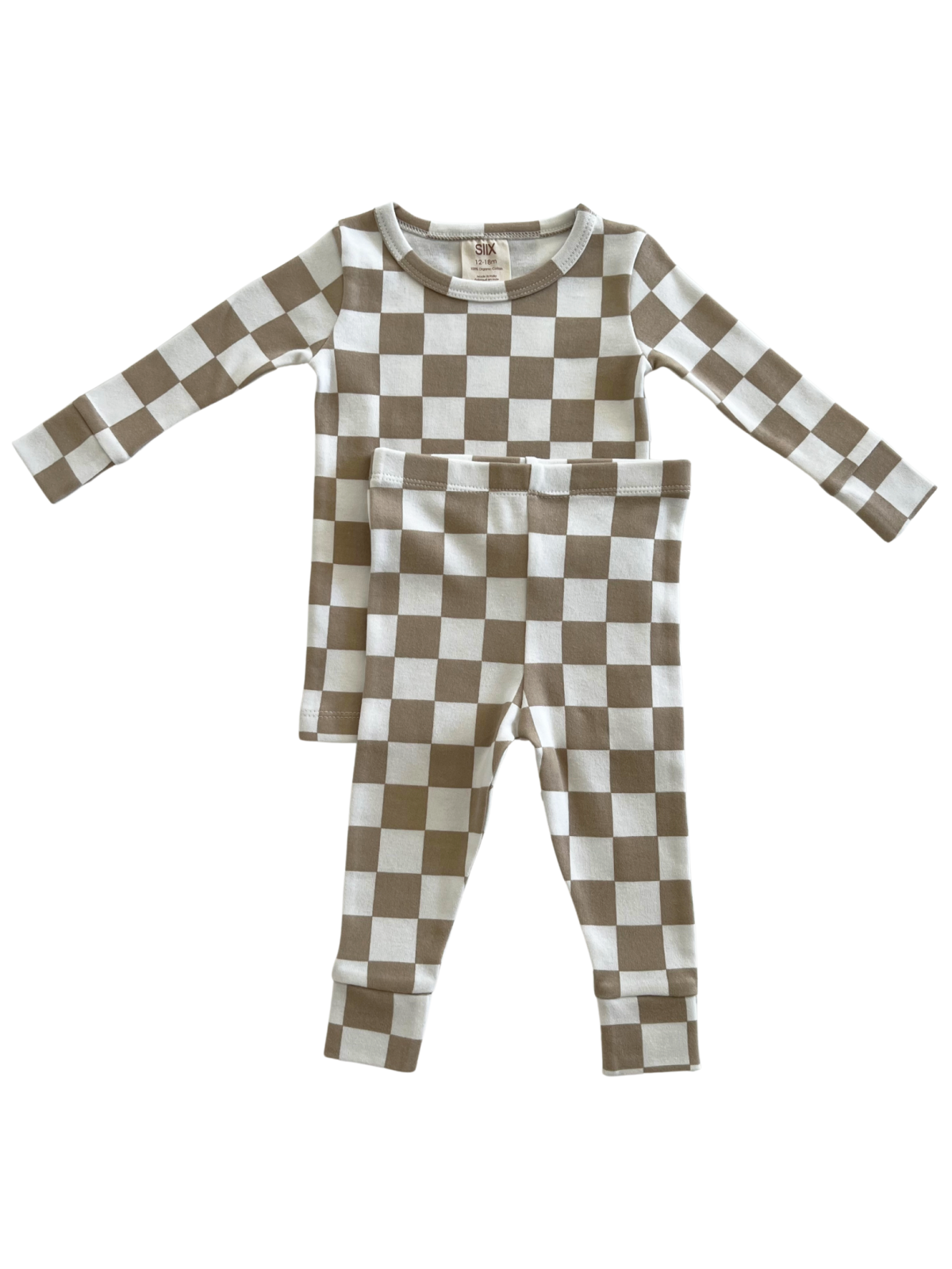 Brown and white checkered toddler pajamas set, including a long-sleeve shirt and matching pants.