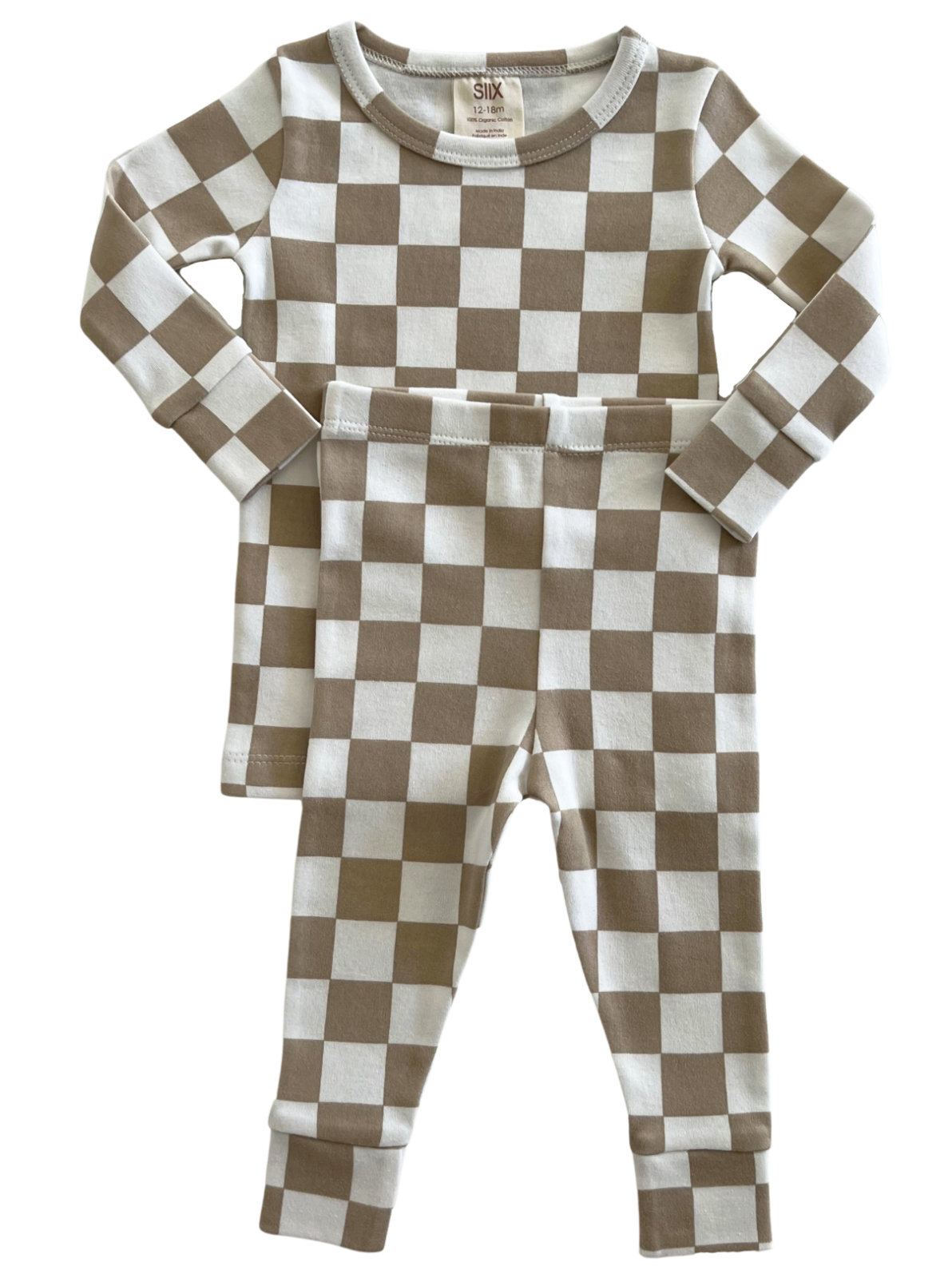 Tan and white checkered children’s pajamas, including long-sleeve top and matching pants.