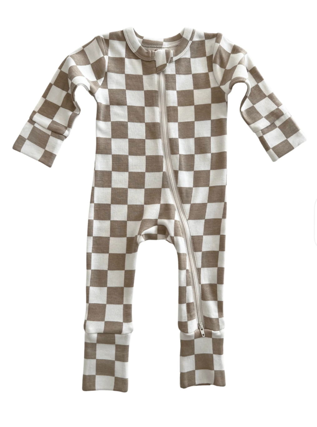 Brown and white checked infant sleeper with long sleeves and a front zipper closure.