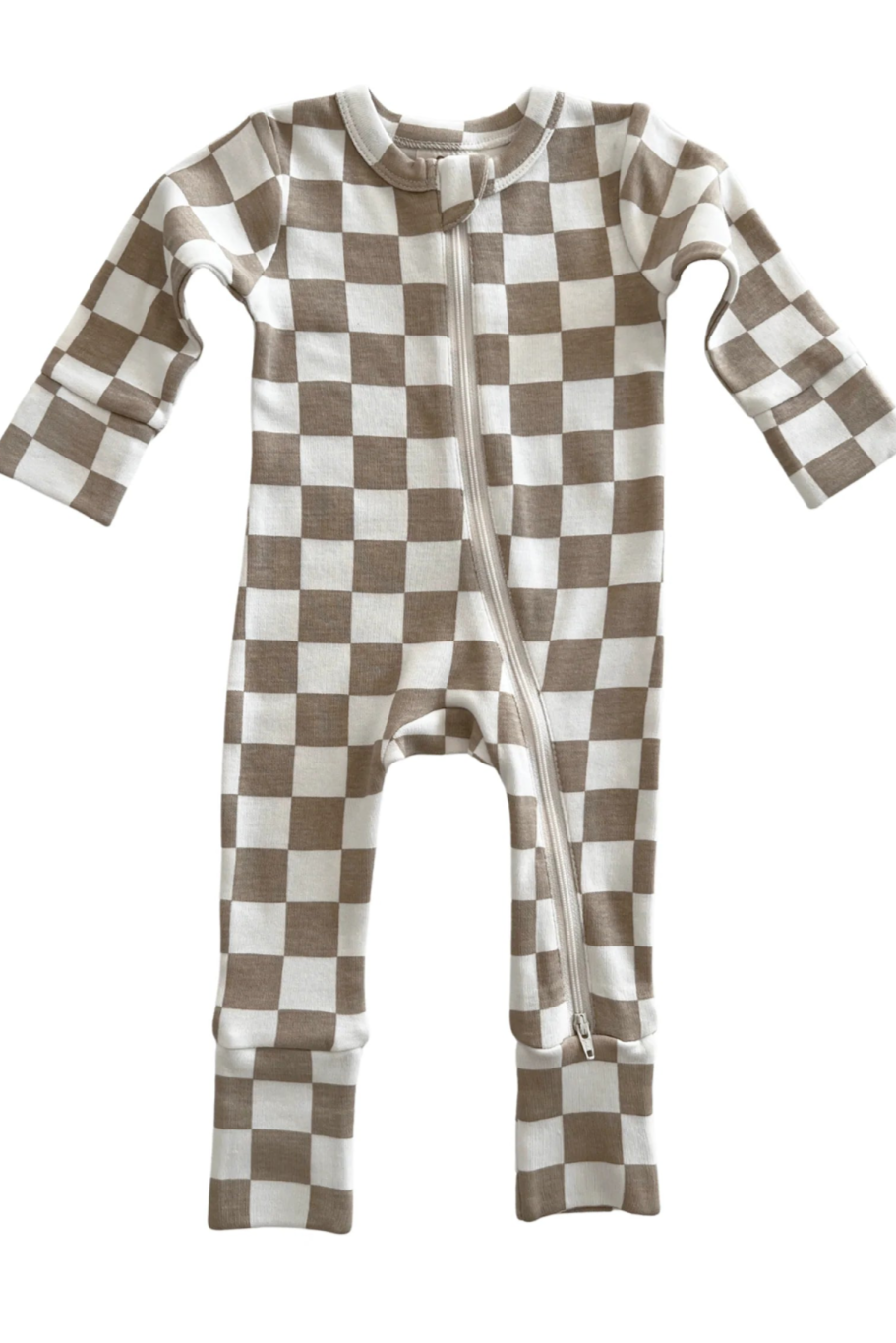 Brown and white checked infant sleeper with long sleeves and a front zipper closure.