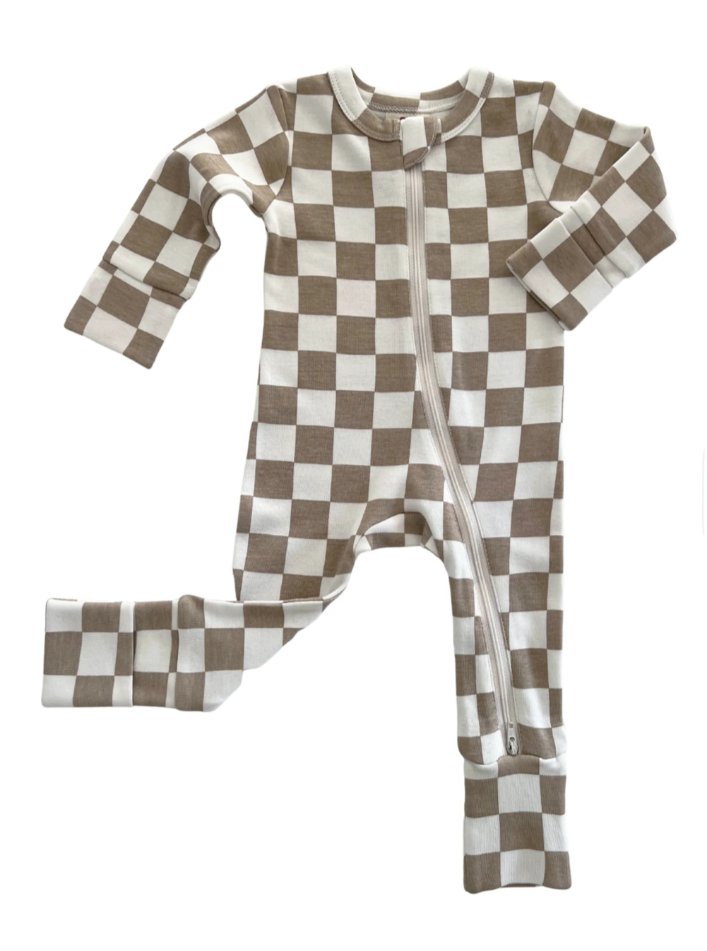 Brown and white checkered baby onesie with a zipper and long sleeves.