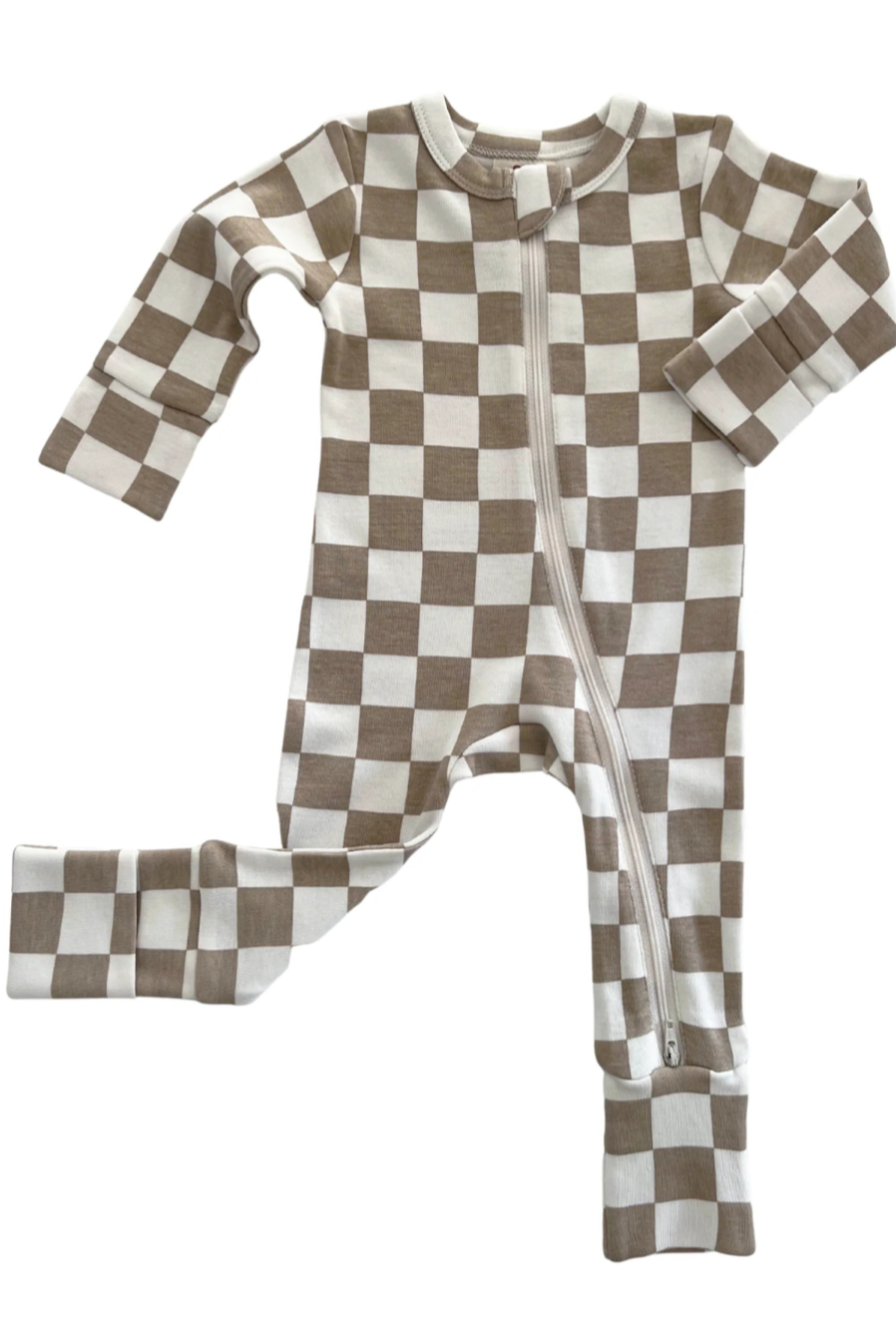 Brown and white checkered baby onesie with a zipper and long sleeves.