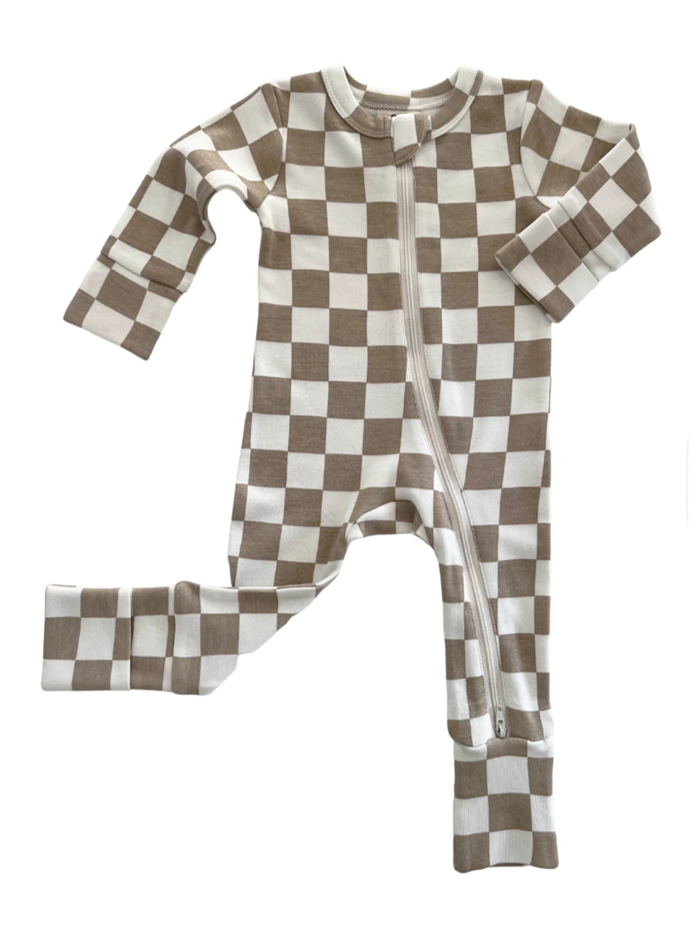Brown and white checkered baby onesie with a zipper and long sleeves.